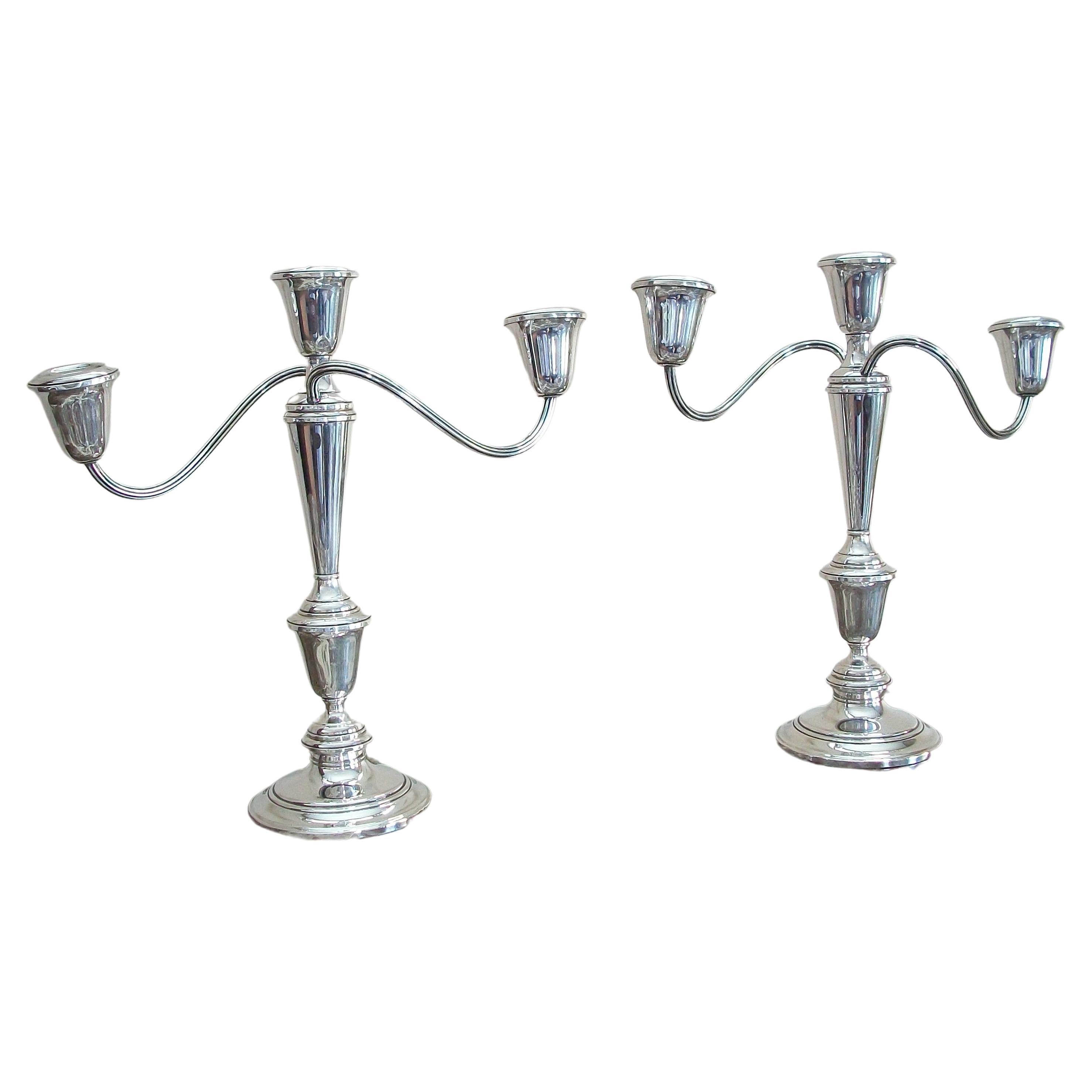 NEWPORT - Pair of Sterling Silver Candelabra - Weighted - U.S.A. - 20th Century For Sale