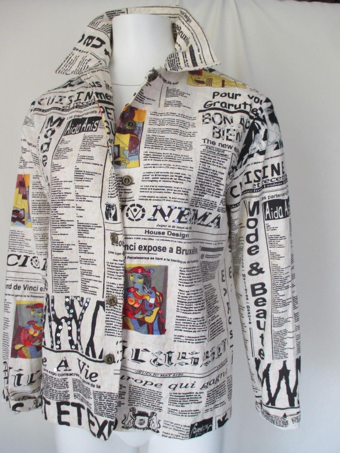 News Paper Art Gaudi Couture Printed Jacket Blouse For Sale 3