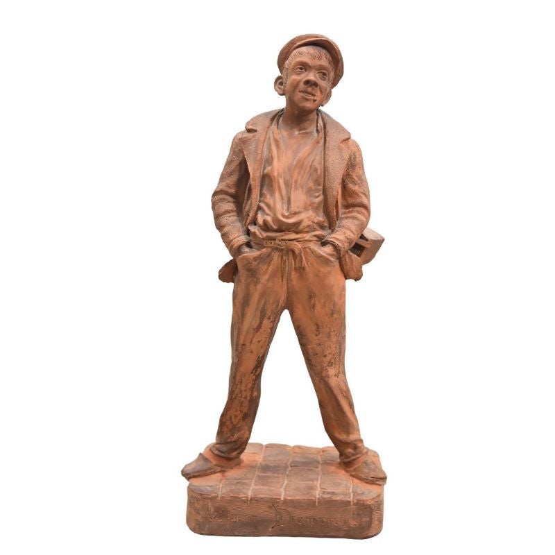 Newsboy Terracotta Statue "the Little Scraper" Period 1900 For Sale