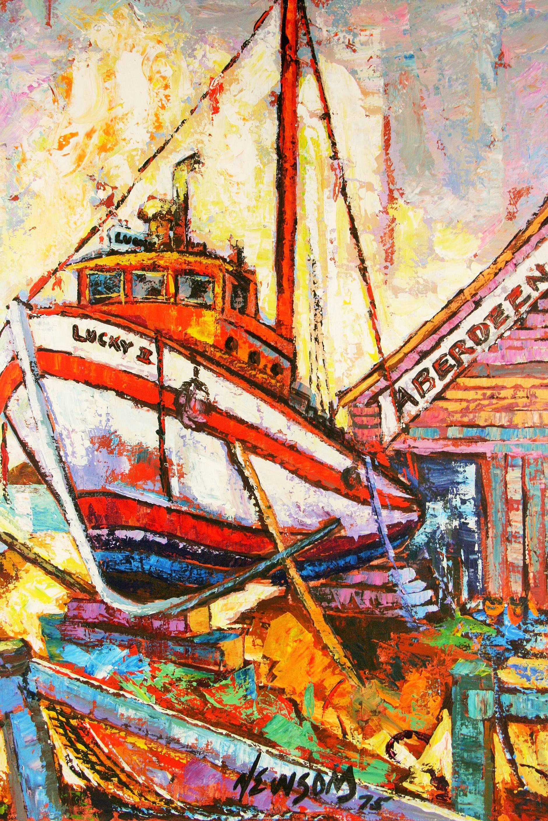 Vintage  Boat Dock  Nautical Landscape Painting For Sale 2
