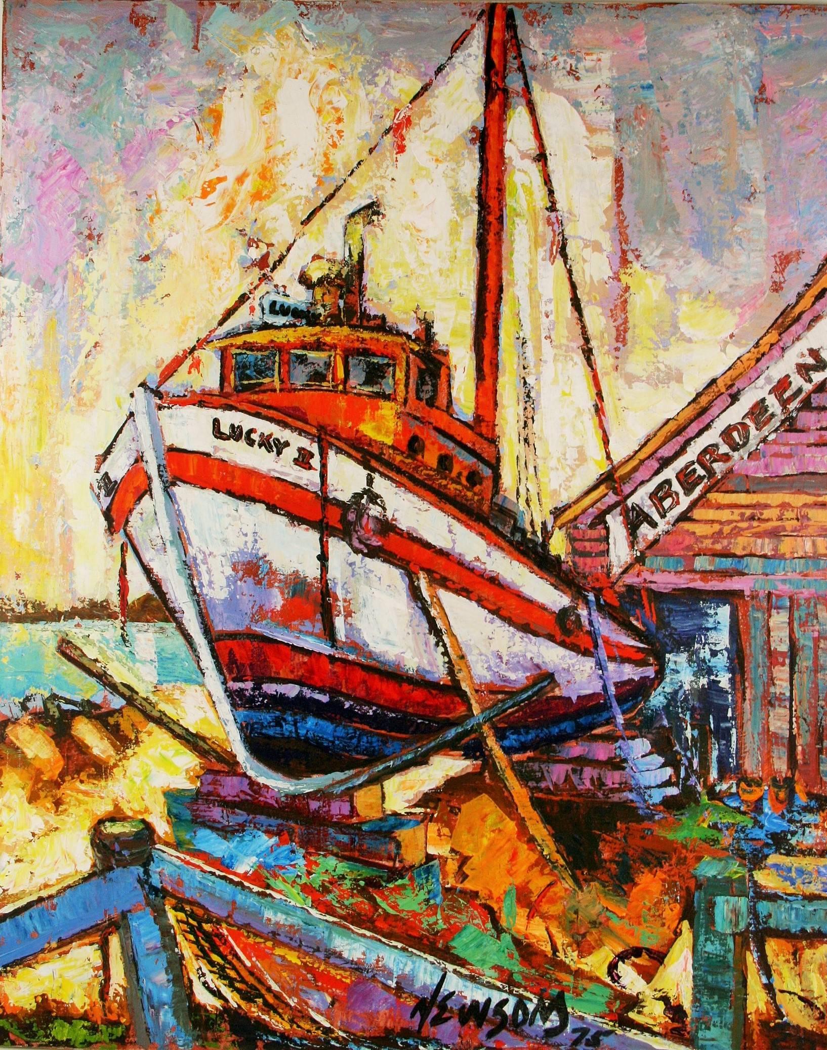 Vintage  Boat Dock  Nautical Landscape Painting For Sale 3