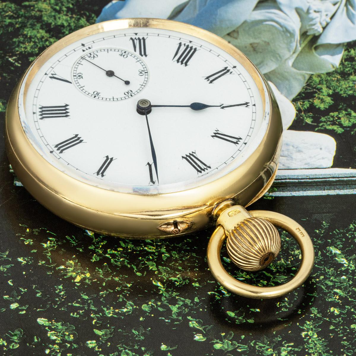 Newsome for Bonniksen. A Rare 18ct Yellow Gold Kew A Karrusel Keyless Lever Open Face Pocket Watch C1896.

Dial: The white enamel dial with unusual Gothic Roman numerals, outer minute track, subsidiary seconds dial at six o'clock and original blues