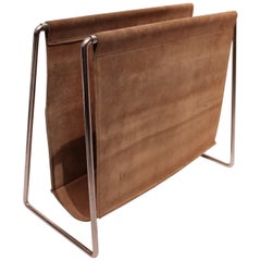 Vintage Newspaper Rack in Light Suede and Metal by Verner Panton, 1960s