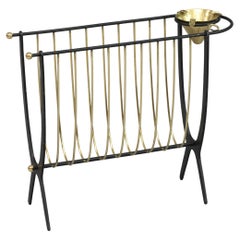 newspaper rack with ashtray, Italy 1950. black laquered metal with brass ashtray