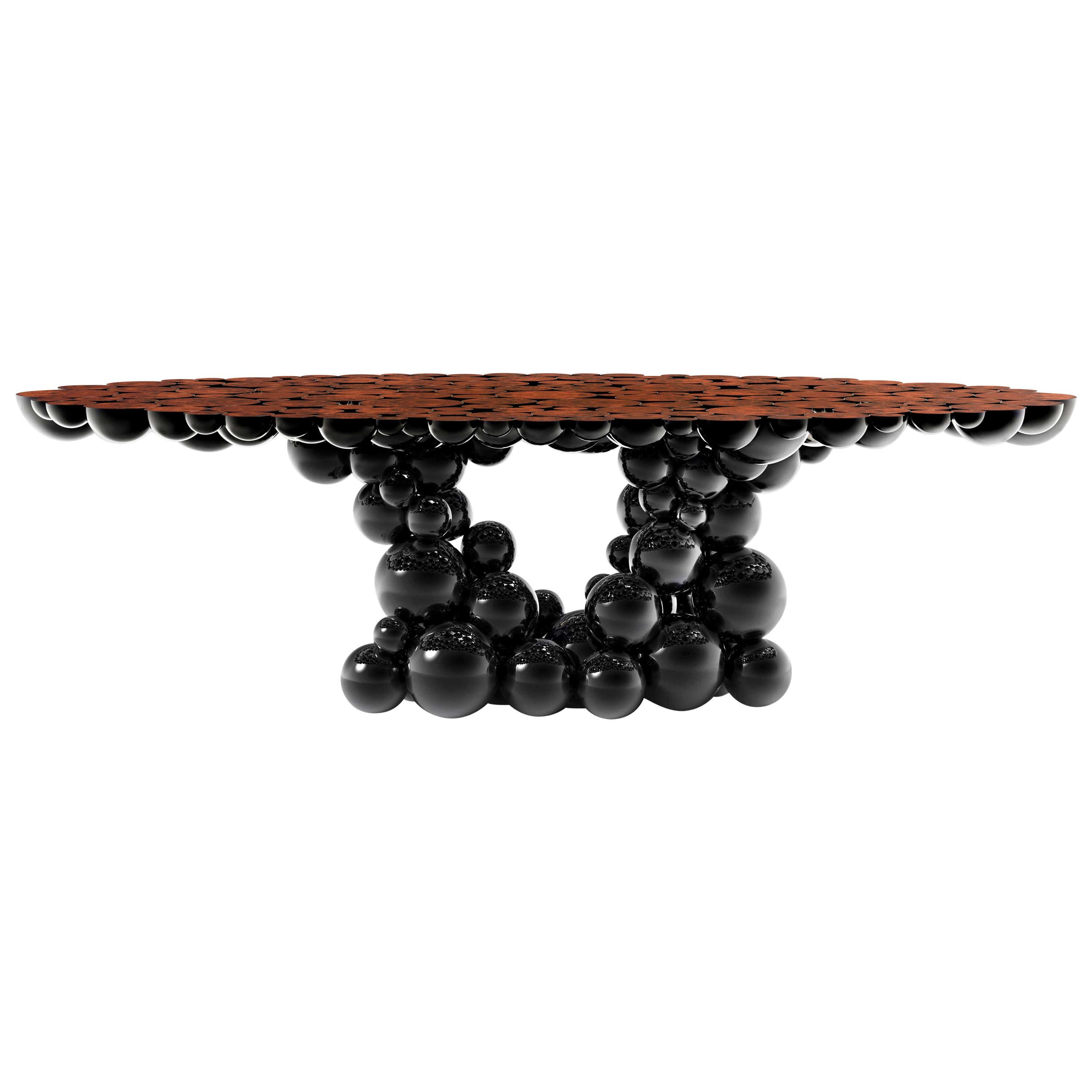 Newton Dining Table in Black Lacquered Aluminum and Walnut Root Veneer Top For Sale