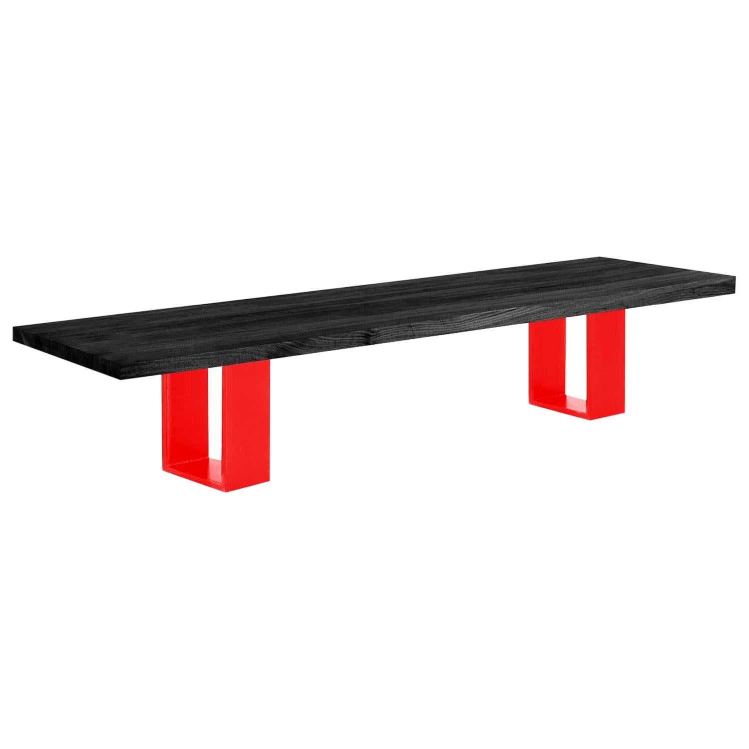 Newton, 78 Inches Black Vulcano and Red Iron Legs Bench, Made in Italy For Sale