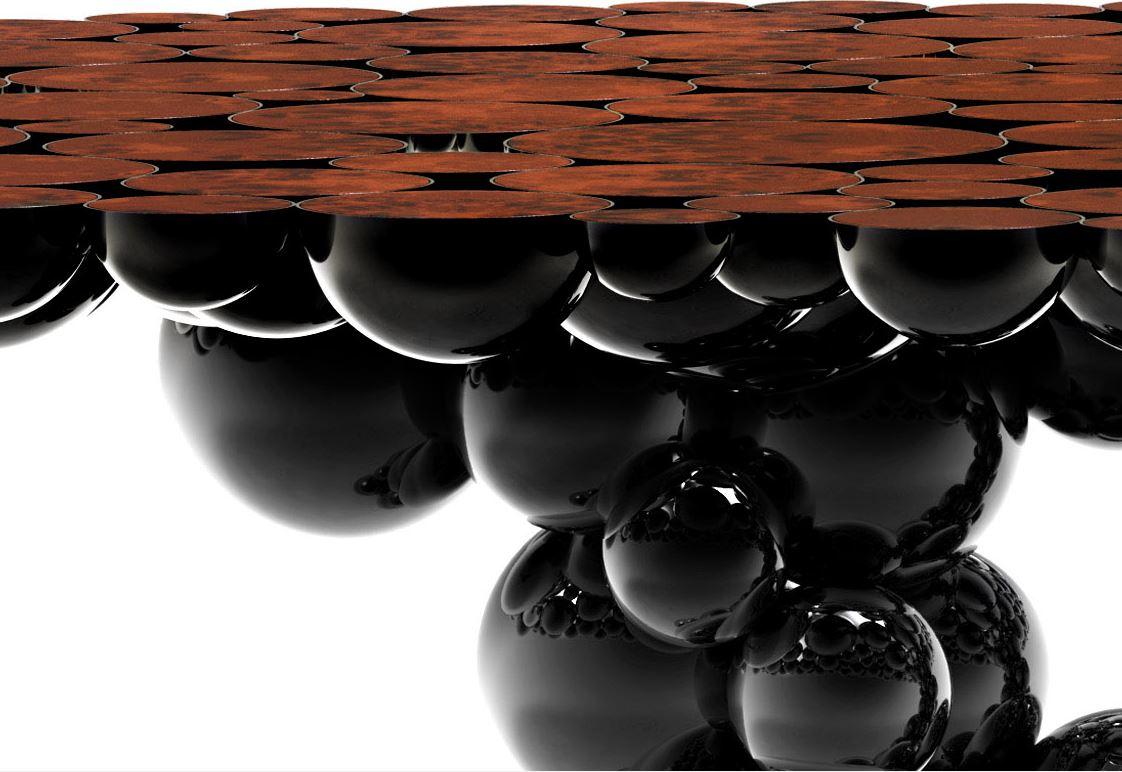 Portugais Table de salle à manger Newton en aluminium laqué noir et plateau en placage de racines de noyer en vente
