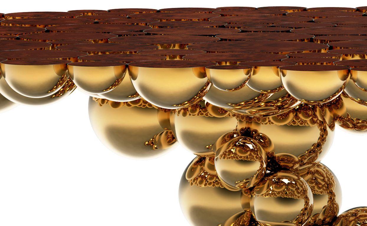 Modern Newton Dining Table in Gold & Myrtle Aluminum and Walnut Root Veneer Top For Sale