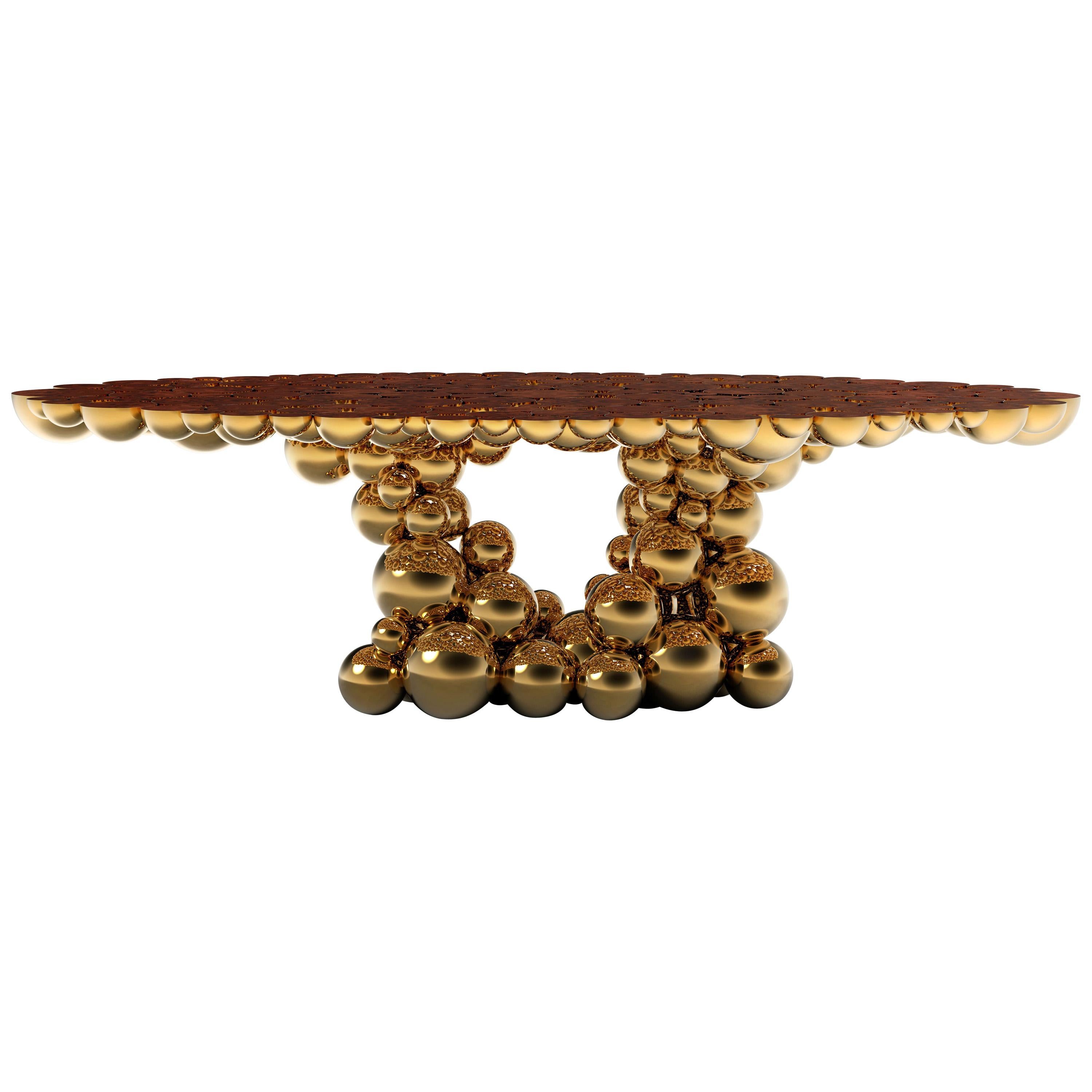 Newton Dining Table in Gold & Myrtle Aluminum and Walnut Root Veneer Top For Sale