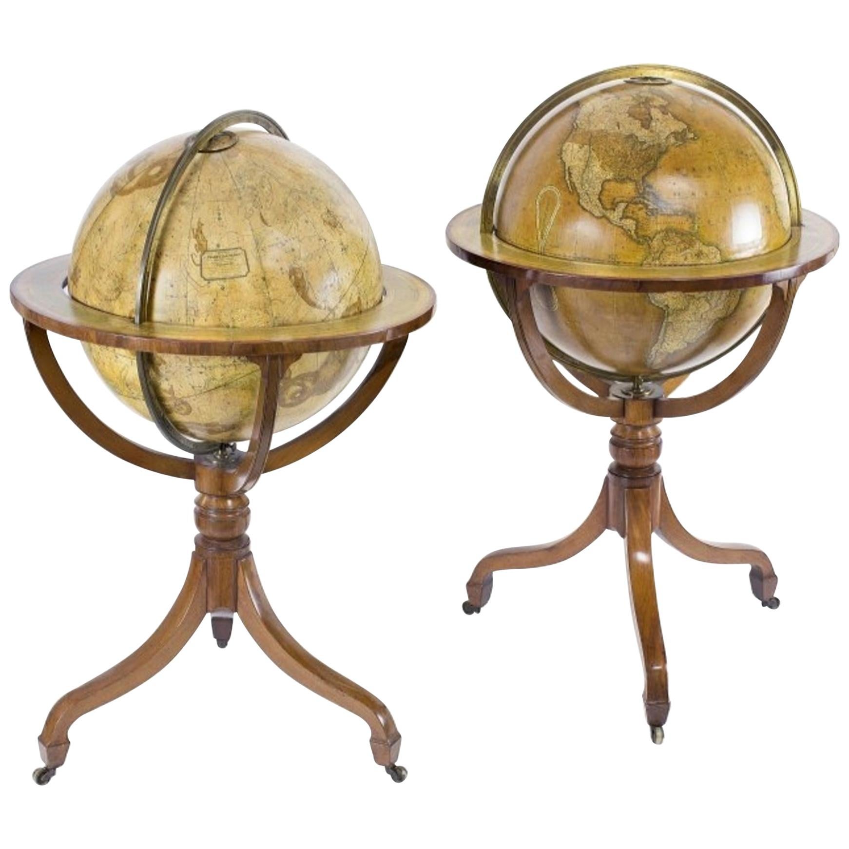 Globes de bibliothèque terrestres et célestes en acajou de la fin de l'ère George III de Newton & Sons
