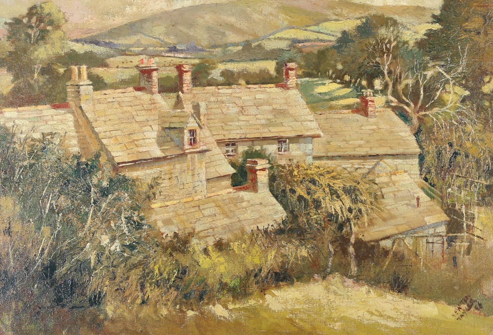 Painted on higher ground, this stunning oil captures the beautiful British countryside from behind a pretty complex of cottages. Signed and dated to the lower right. With a second artist's signature, verso. On canvas on stretchers. 