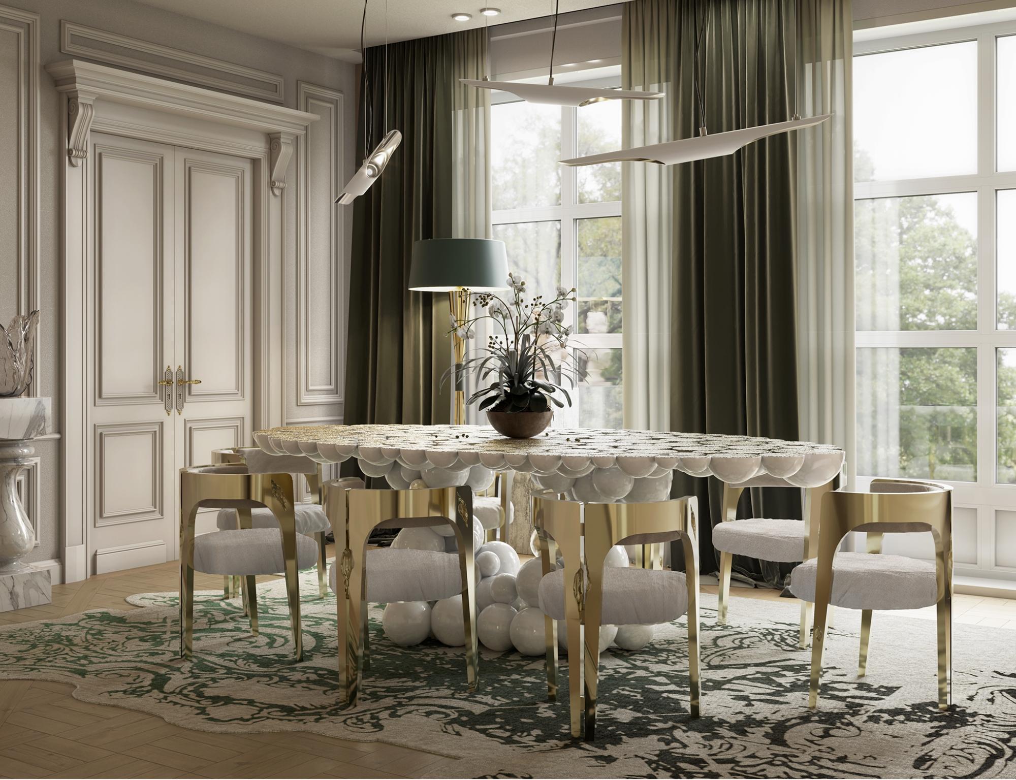 Table de salle à manger Newton blanche en aluminium plaqué or, fabriquée à la main, Boca do Lobo en vente 2