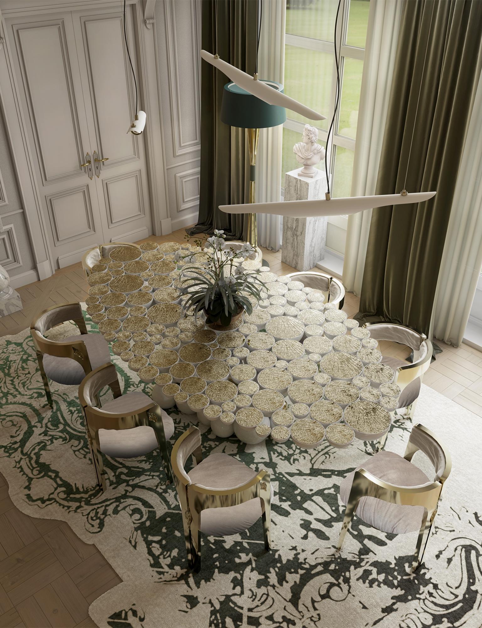 Table de salle à manger Newton blanche en aluminium plaqué or, fabriquée à la main, Boca do Lobo en vente 3