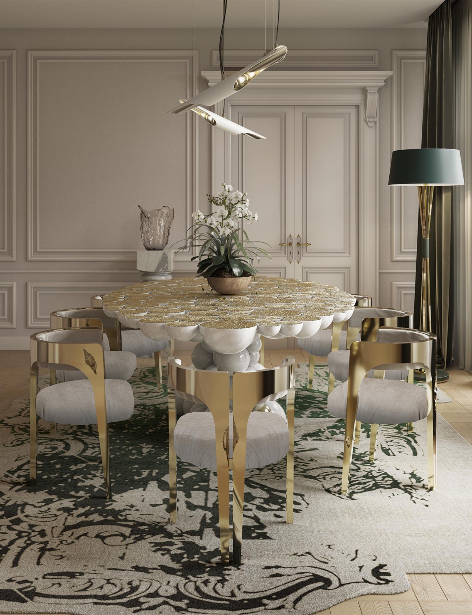 Table de salle à manger Newton blanche en aluminium plaqué or, fabriquée à la main, Boca do Lobo en vente 5