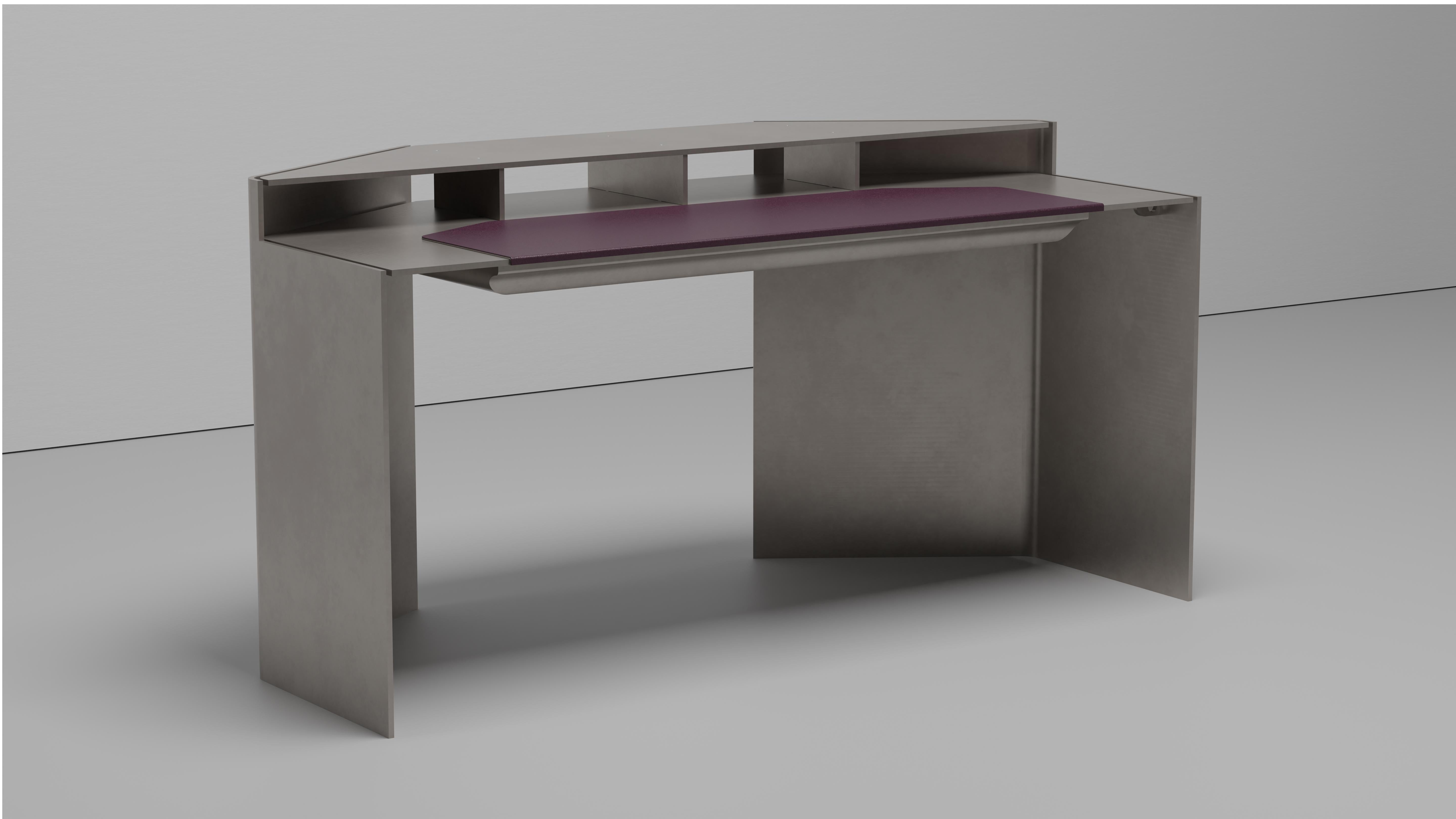 Next General desk made in three eights inch thick waxed aluminum. The tiered top has cord drop offsets in the back as well as the bottom. Variations, leather and powder colors are available upon request. Writing surface of the desk height is 28.65