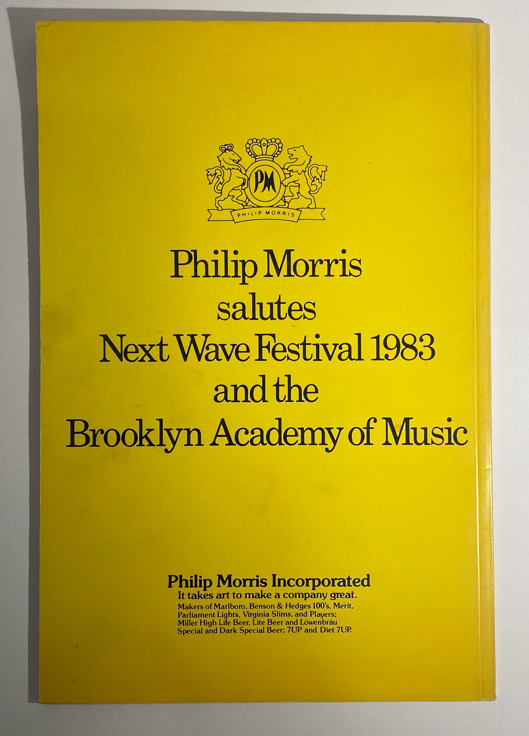 Catalogue du festival inaugural (ou premier festival officiel) Next Wave qui s'est tenu à la Brooklyn Academy of Music en 1983. 64 pages, 4to (8