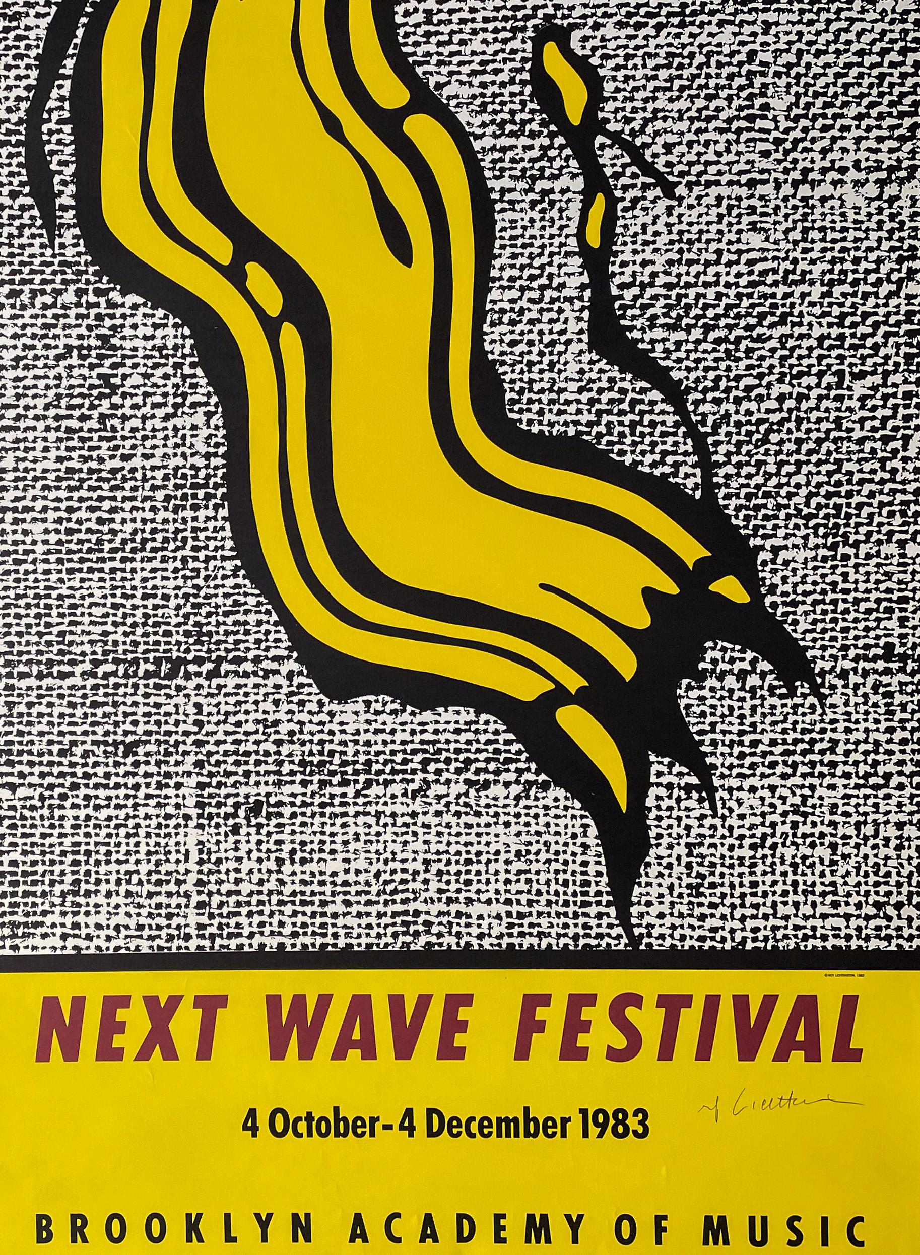 Original poster after an image by Roy Lichtenstein for the inaugural (or first official) Next Wave Festival held at the Brooklyn Academy of Music, 4 October-4 December 1983, published in 1983 by Next Wave Producers Council in cooperation with the