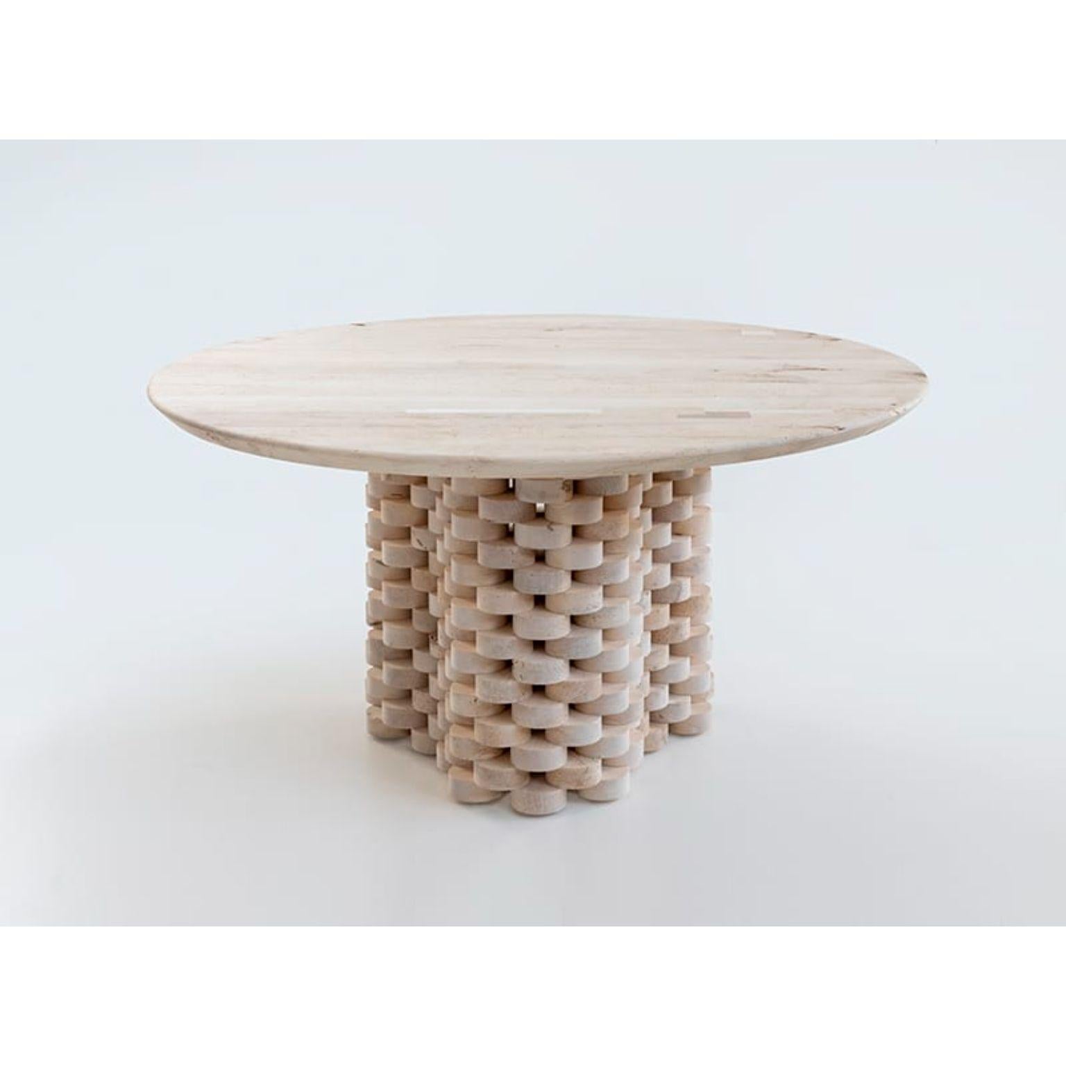 Nexum Table by Secondome Edizioni and Studio F
Designer: Naessi Studio.
Dimensions: Ø 140 x H 72 cm.
Materials: Solid woodworm maple wood.

Collection / Production: Secondome + Studio F. This piece can be customized. Available finishes: any solid