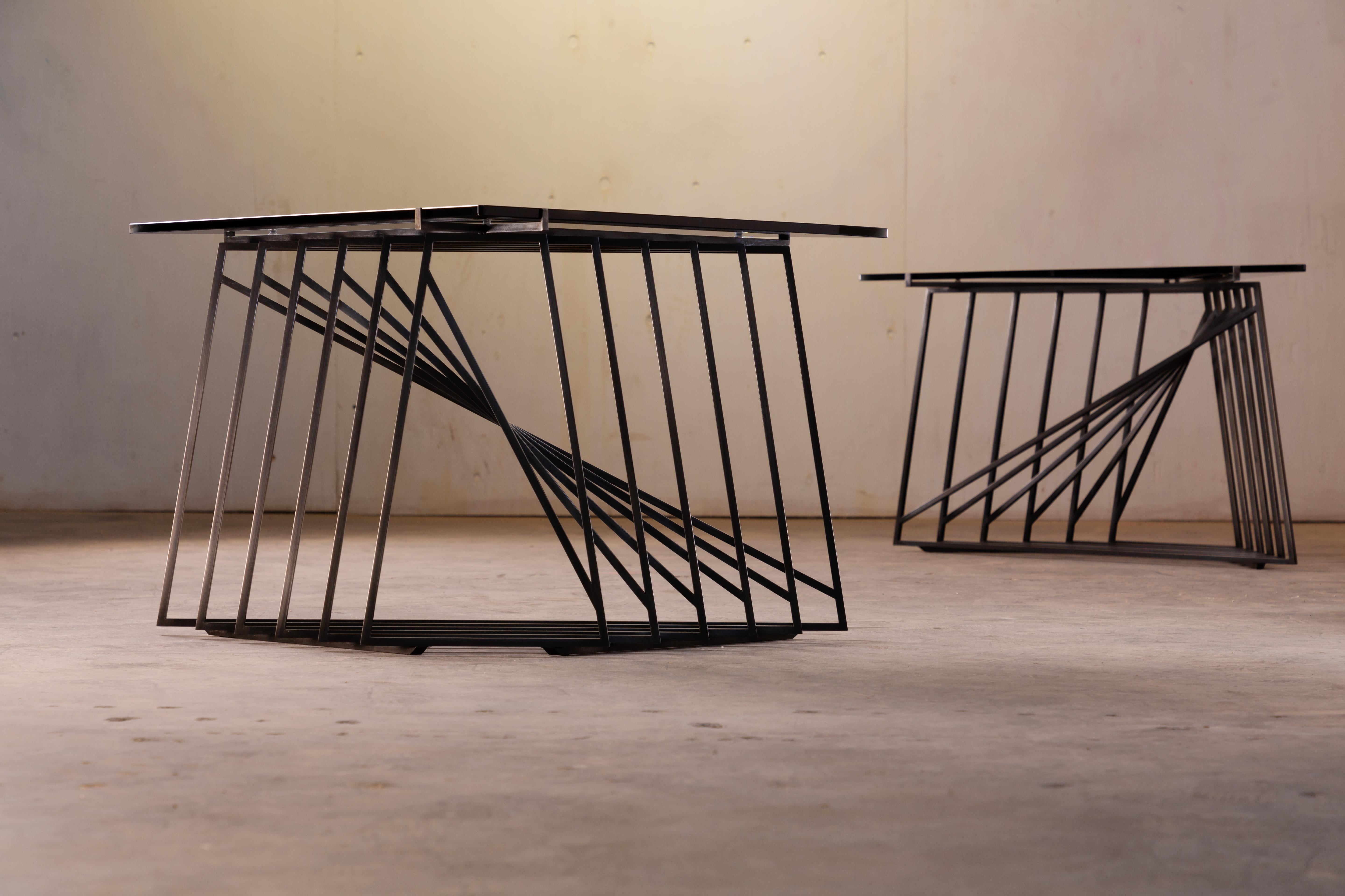 Modern Nexus Side Tables, Pair, Blackened Steel and Smoked Glass, by Force/Collide For Sale
