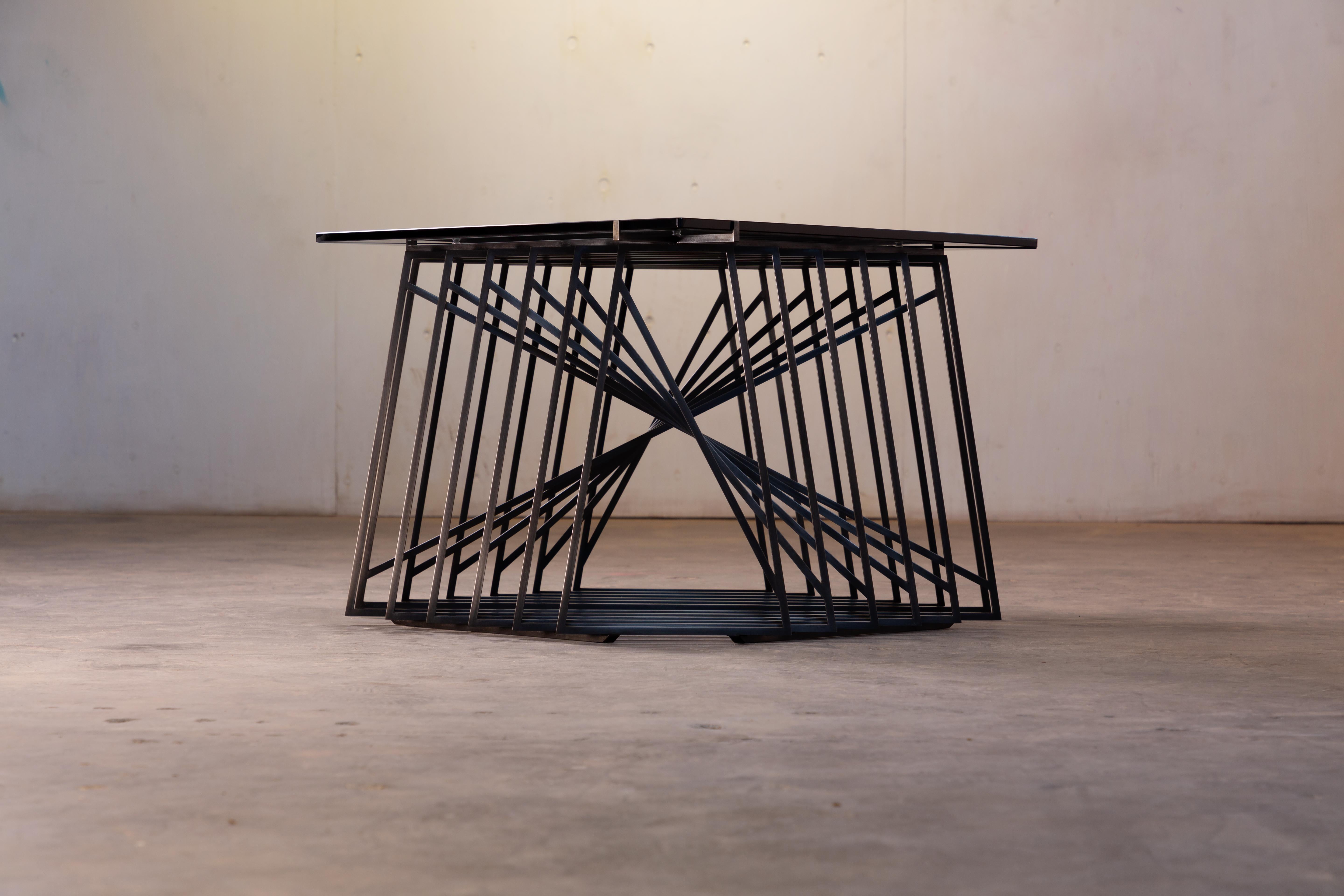 American Nexus Side Tables, Pair, Blackened Steel and Smoked Glass, by Force/Collide For Sale