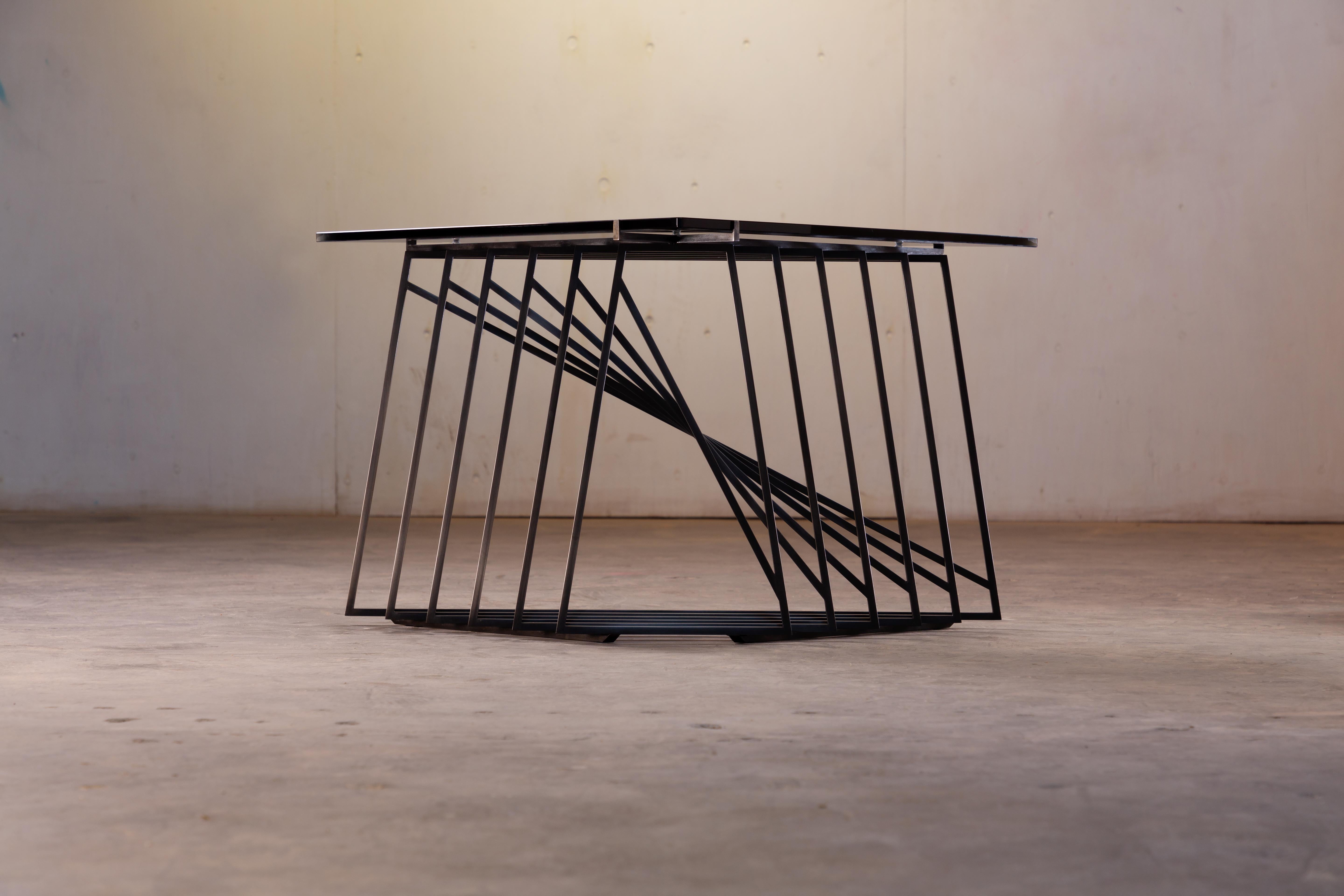 Metal Nexus Side Tables, Pair, Blackened Steel and Smoked Glass, by Force/Collide For Sale