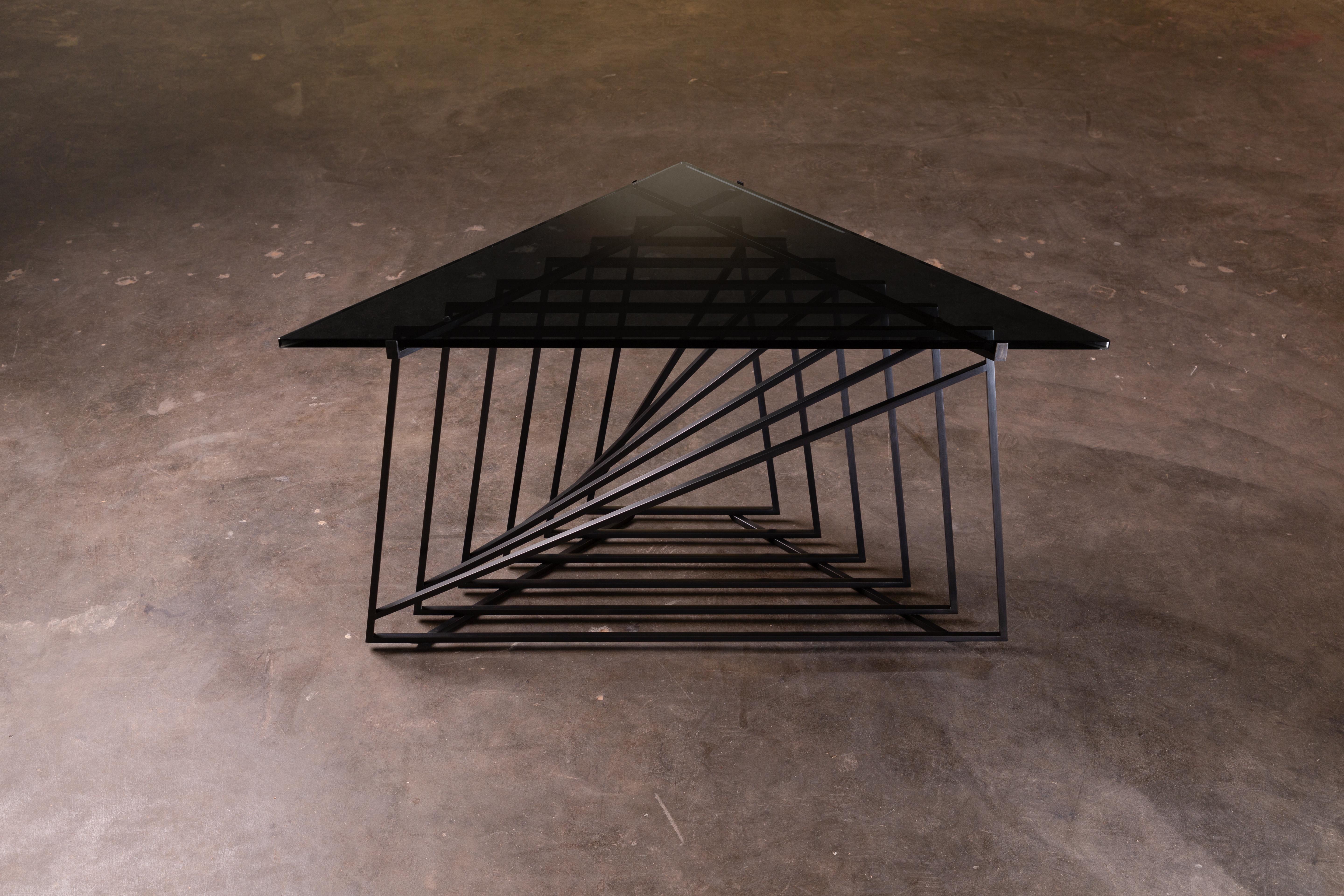 Nexus Side Tables, Pair, Blackened Steel and Smoked Glass, by Force/Collide For Sale 3