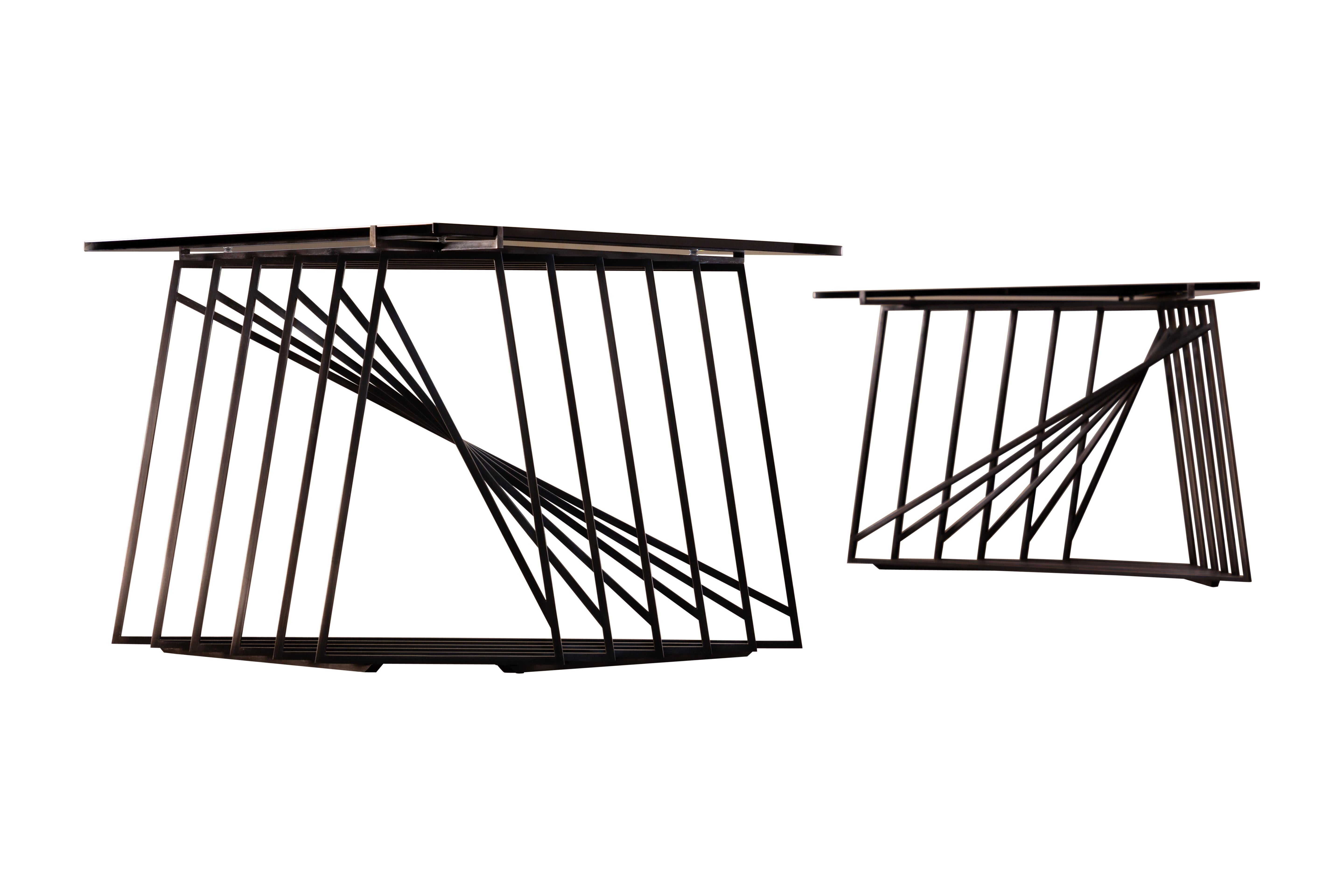 Pair of Modular Side Tables in Blackened Steel and Smoked Glass by Force/Collide