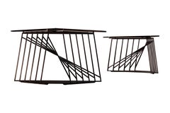 Nexus Side Tables, Pair, Blackened Steel and Smoked Glass, by Force/Collide