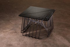 Nexus Side Table, Blackened Steel and Smoked Glass, by Force/Collide