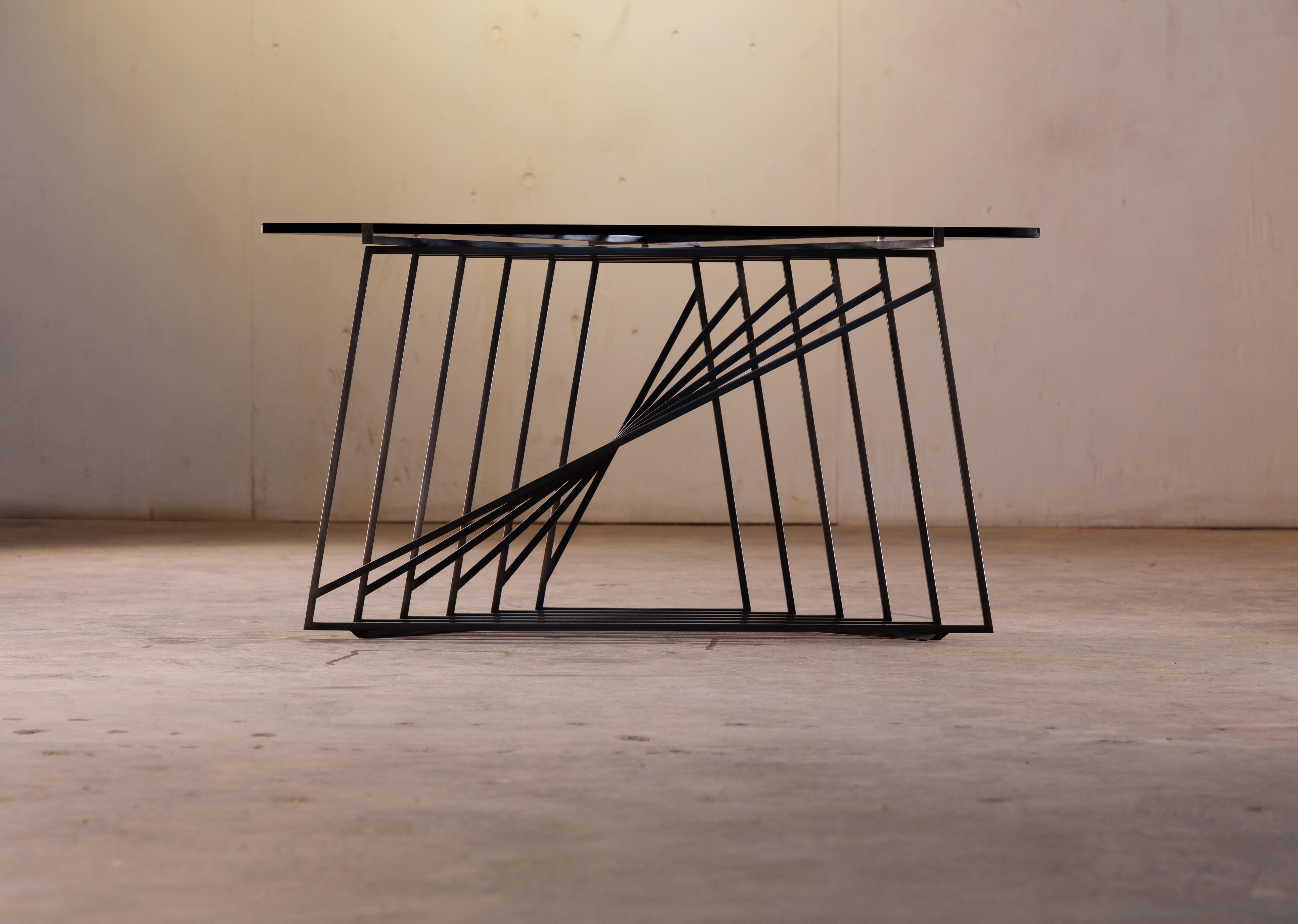 Contemporary Nexus Side Table, Blackened Steel and Smoked Glass, by Force/Collide For Sale