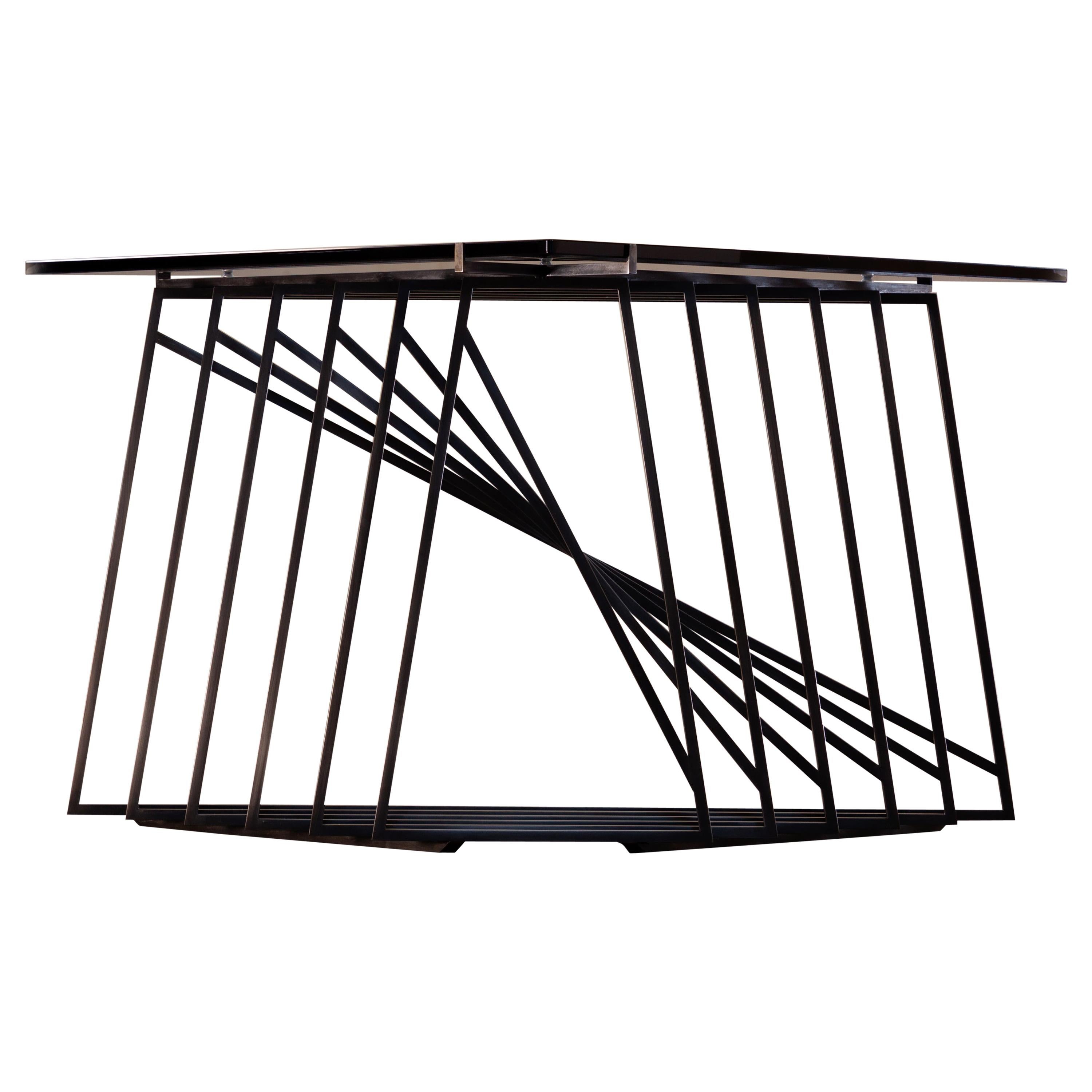 Nexus Side Table in Blackened Steel and Smoked Glass by Force/Collide