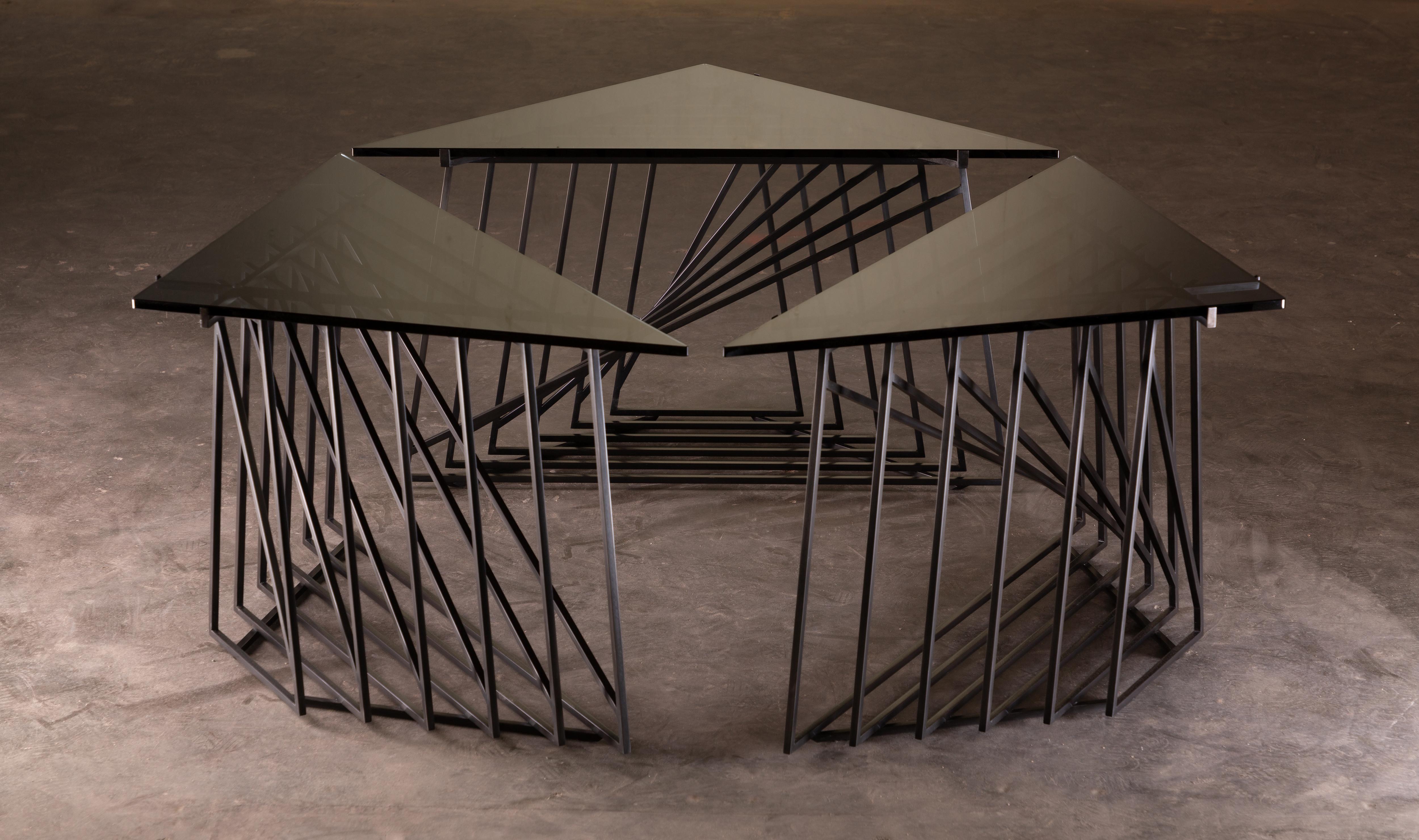 American Nexus Side Tables, Trio, Blackened Steel and Smoked Glass, by Force/Collide For Sale