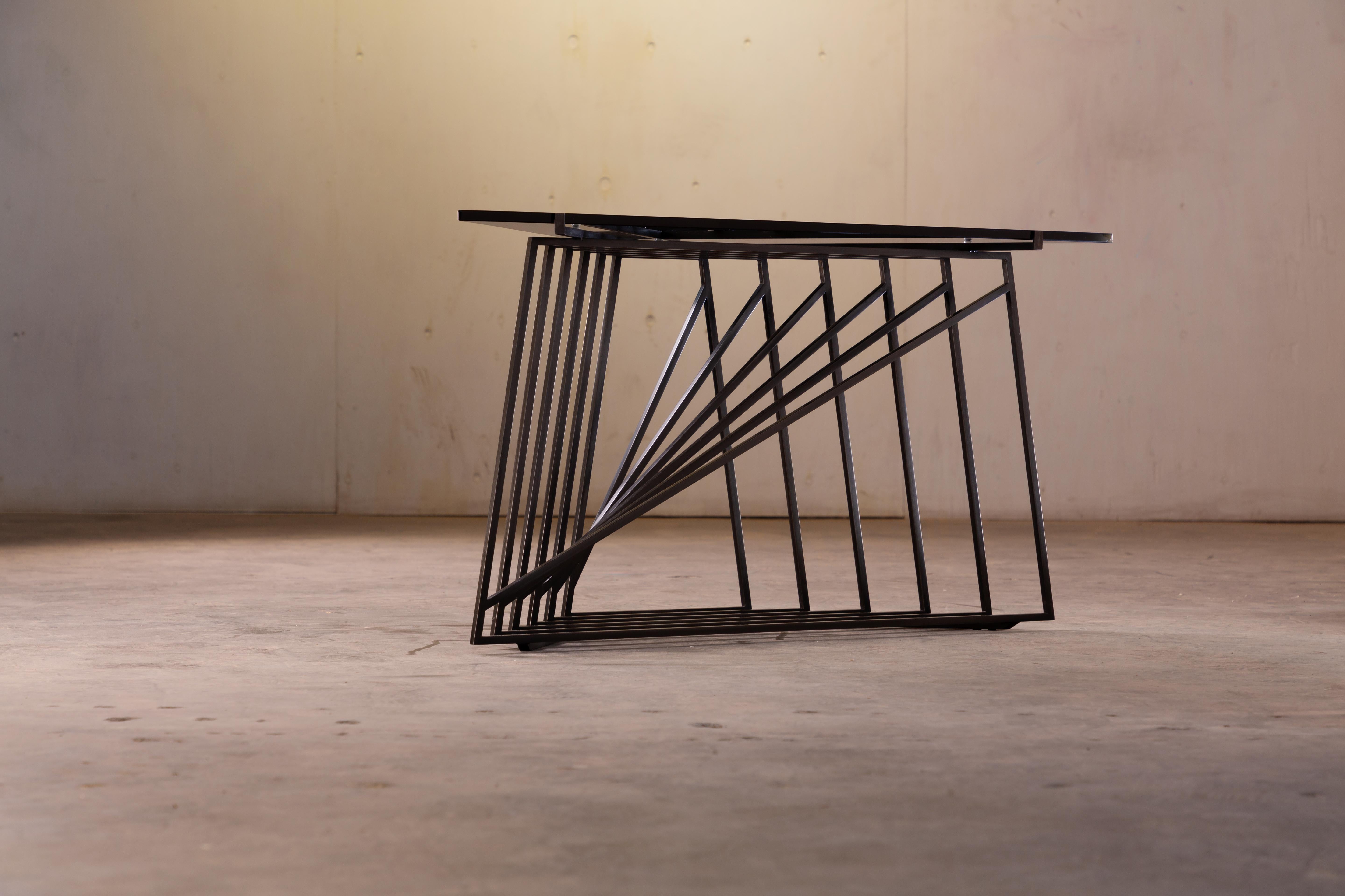 Metal Nexus Side Tables, Trio, Blackened Steel and Smoked Glass, by Force/Collide For Sale