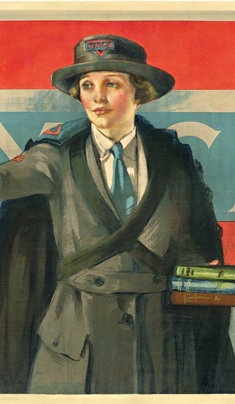 Originale del 1918 YMCA, una delle migliaia di ragazze YMCA in Francia.  Poster d'epoca della United War Work Campaigner.    Con supporto in lino d'archivio e pronto per essere incorniciato.  Alcuni ritocchi nella parte inferiore del cappotto.  Si