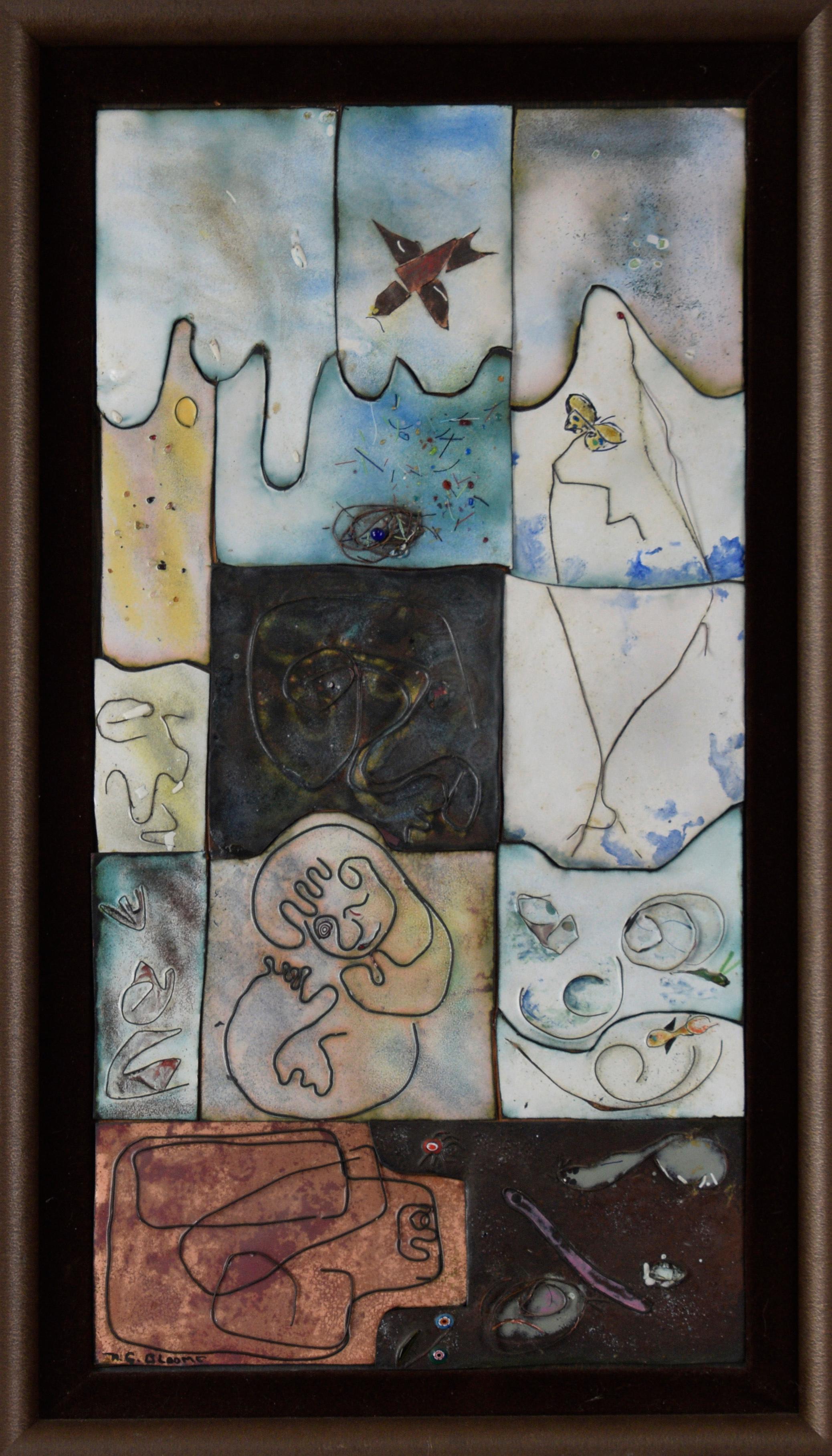 Tiles émaillés en cuivre aux multiples facettes, abstrait de N.G. Bloome
Panneaux en cuivre émaillé "Picasso" esq par un artiste inconnu. N.G. Bloome (A.I.C.). 
Pièce unique d'expressionnisme abstrait à multiples facettes représentant des carreaux