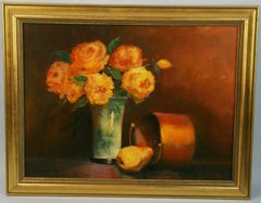 Vintage Modern Impressionist Still Life Yellow Tea Roses 1998