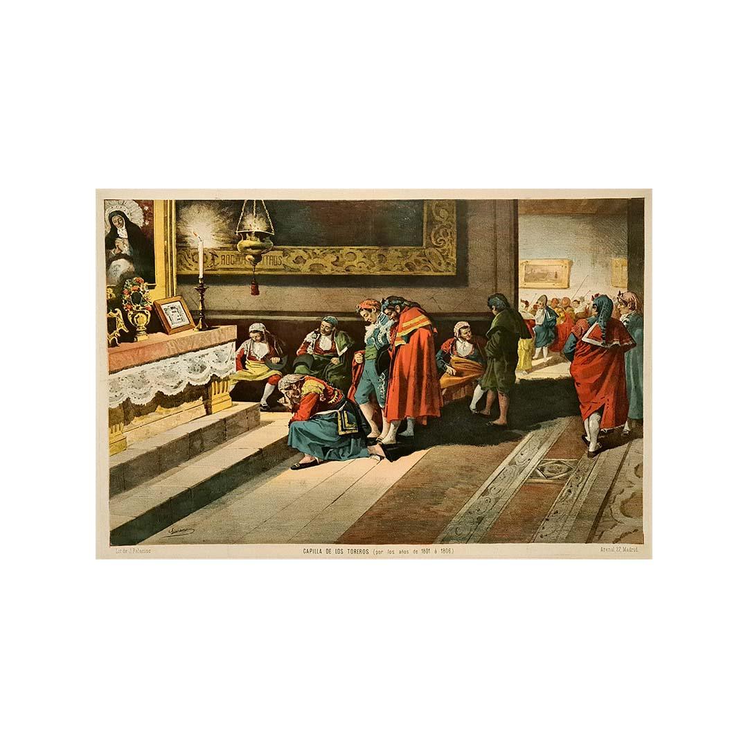 Circa 1880 chromolithograph by Ángel Lizcano - Capilla de los toreros For Sale 1