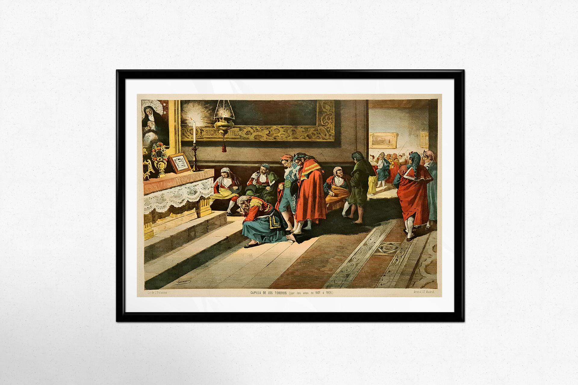 Circa 1880 chromolithograph by Ángel Lizcano - Capilla de los toreros For Sale 3