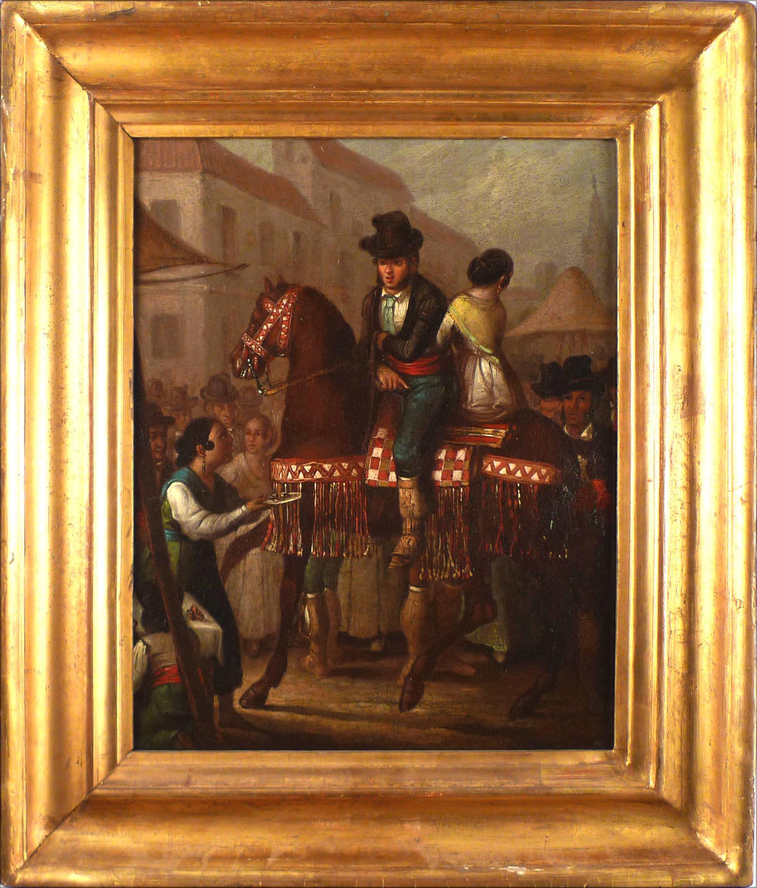 ÁNGEL MARÍA CORTELLINI
Spanisch, 1819 - 1887
OFRECIENDO UNA COPA
Öl auf Leinwand
13-1/4 x 11 Zoll (33,5 x 28 cm.)
Gerahmt: 17-1/4 x 15 (44 x 38 cm.)

Ángel María Cortellini. Sanlúcar de Barrameda (Cádiz), 27.09.1819 - Madrid, 1887. Malerin.

Ángel