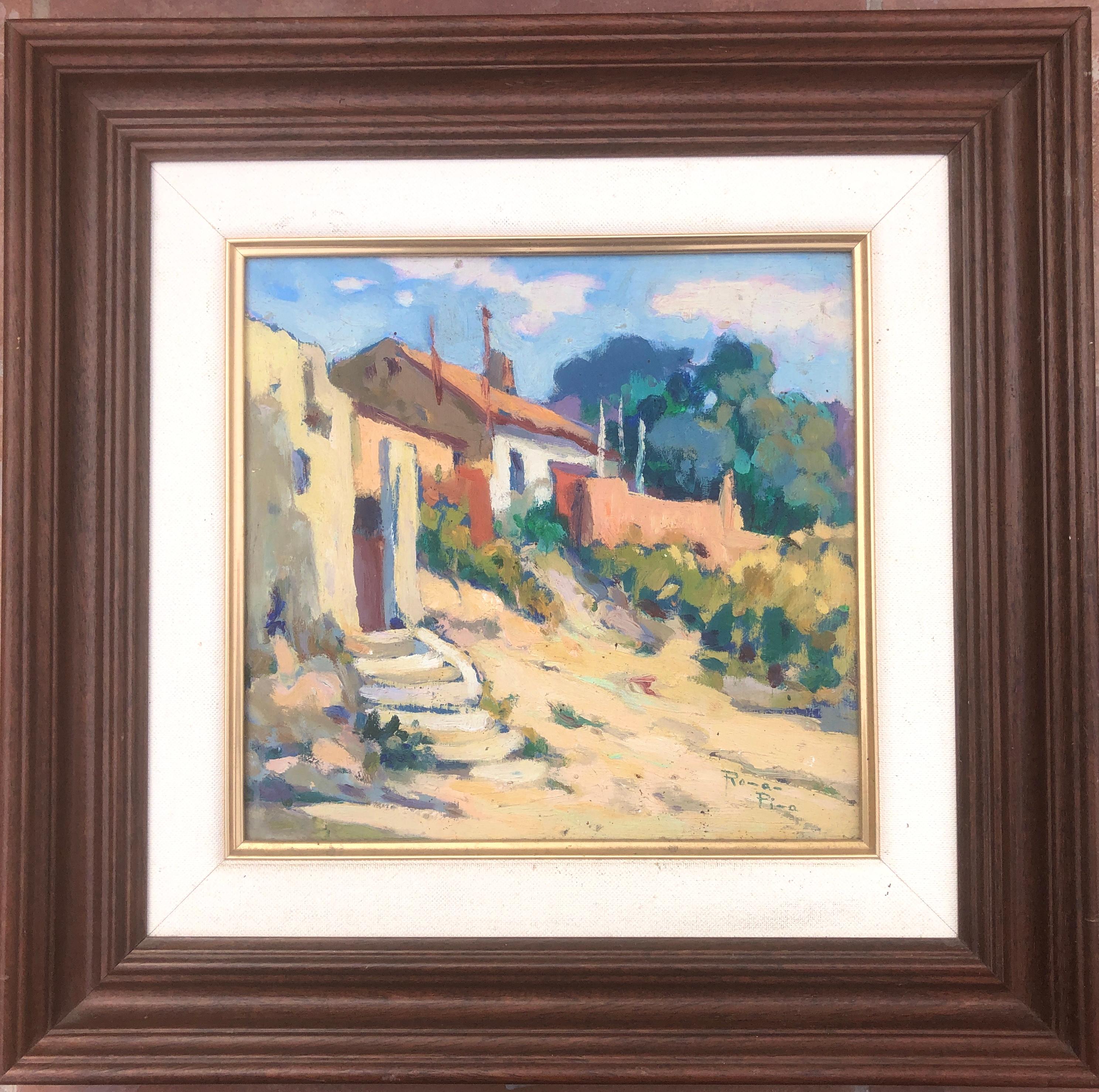 Spanish village Spain town oil on board painting landscape - Painting by Ángel Román Pina