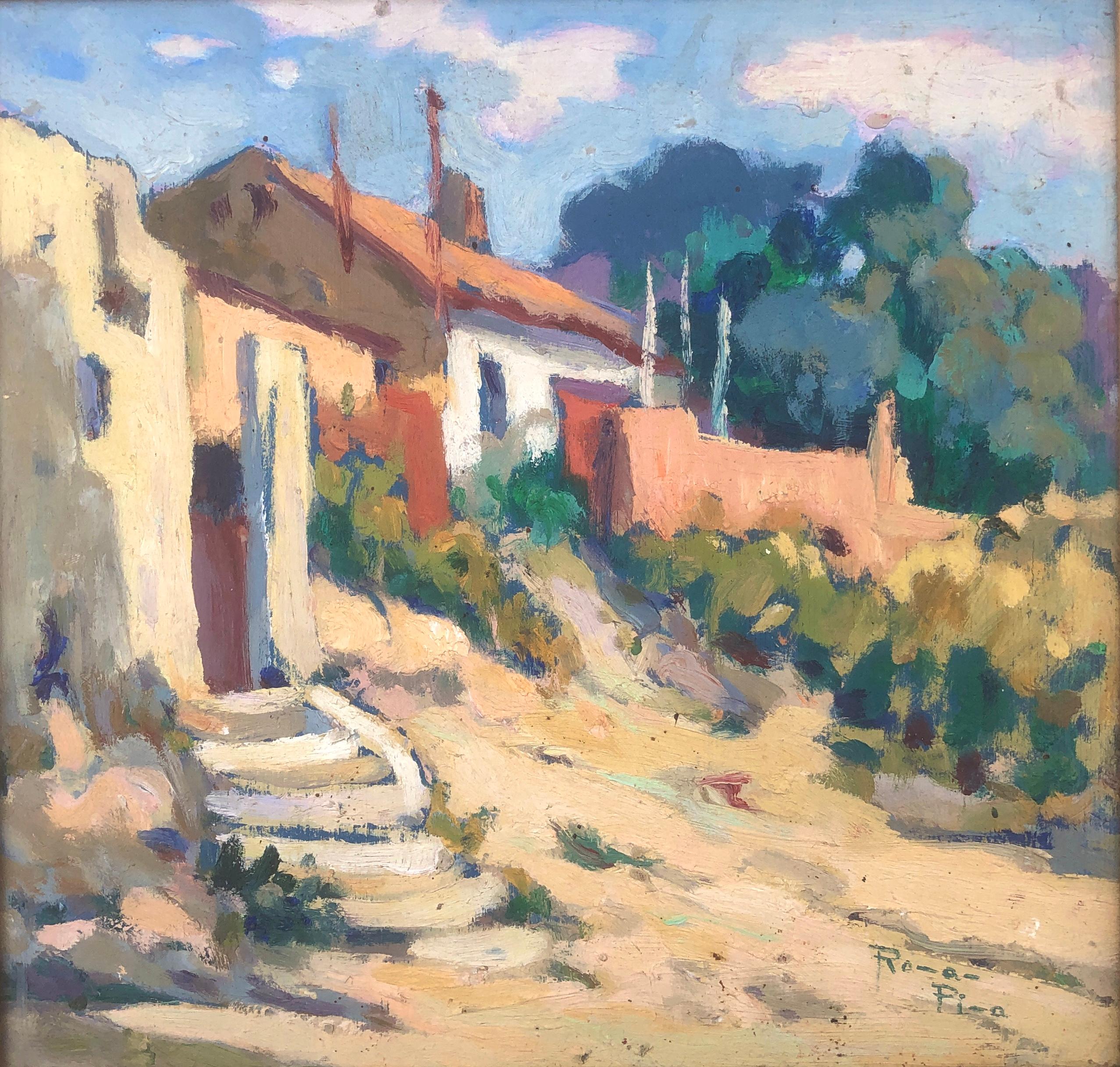 Landscape Painting de Ángel Román Pina - Pueblo español España ciudad óleo sobre tabla pintura paisaje