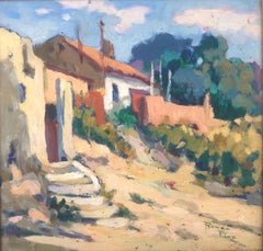 Vintage Spanish village Spain town oil on board painting landscape