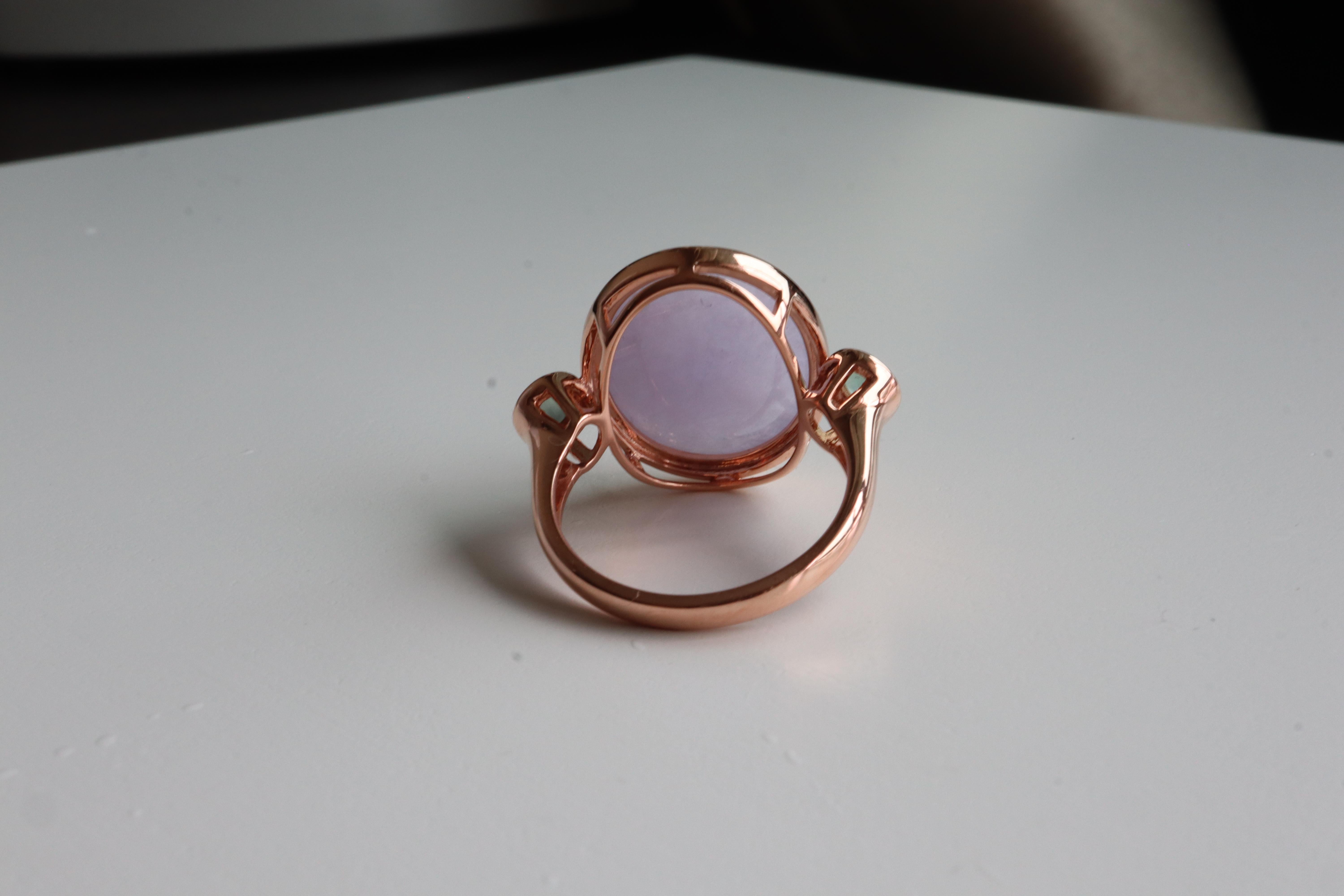 NGI certified 10.12Ct Type A Burma Lavender Jade Ring in 18K Rose gold For Sale 2