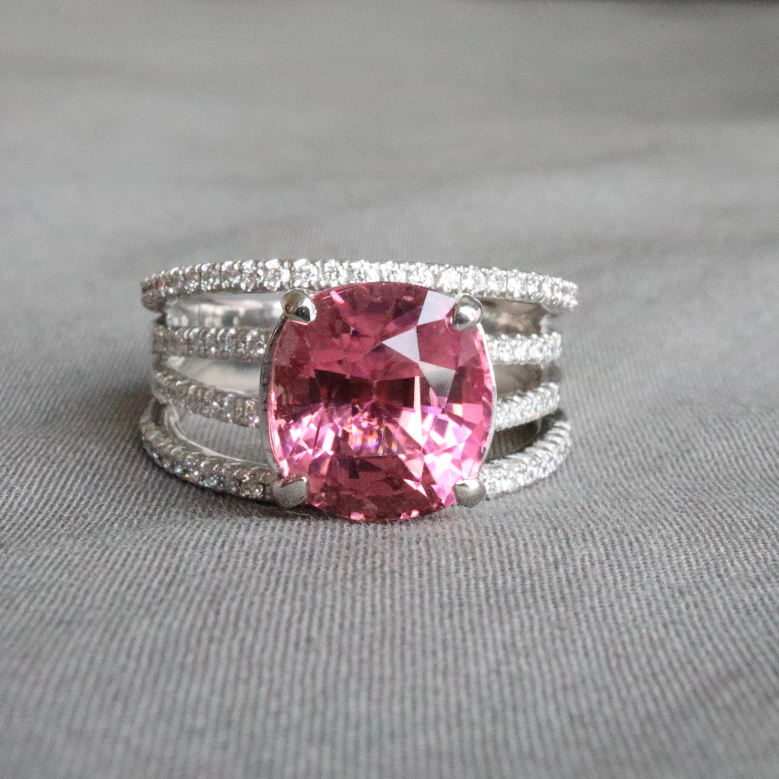 Art Deco NGI certified Natural Pink Tourmaline Ring with natural diamonds in 18k gold For Sale