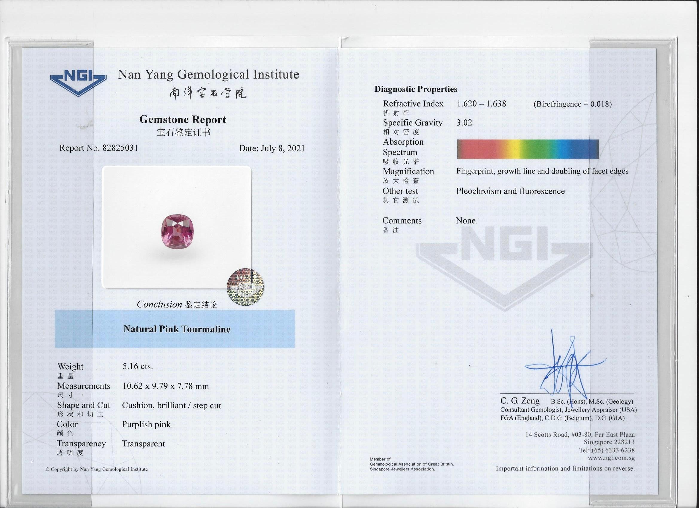 NGI certified Natural Pink Tourmaline Ring with natural diamonds in 18k gold For Sale 3