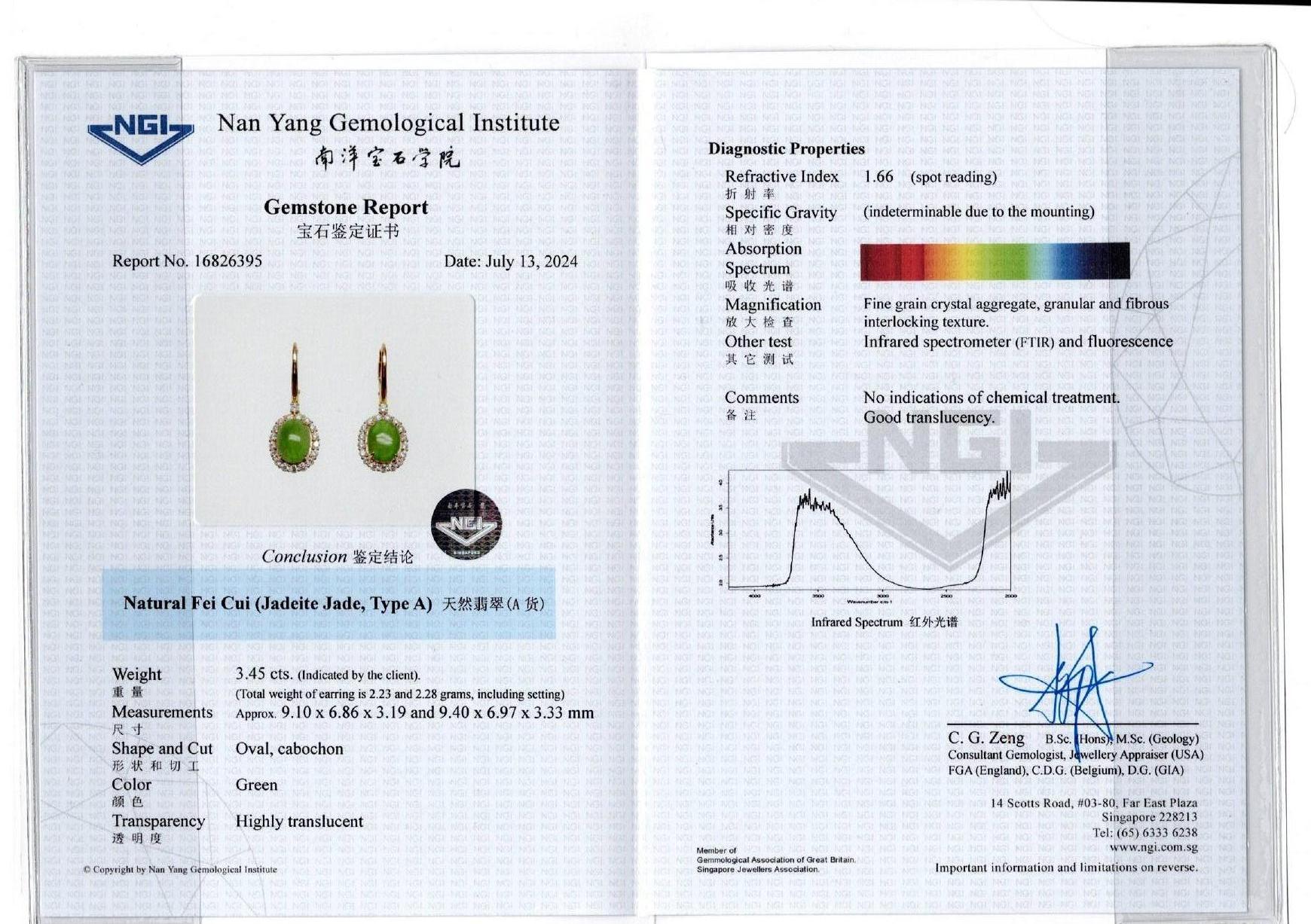 NGI certified Type A Burma Jadeite Jade Earring In New Condition In Singapore, SG