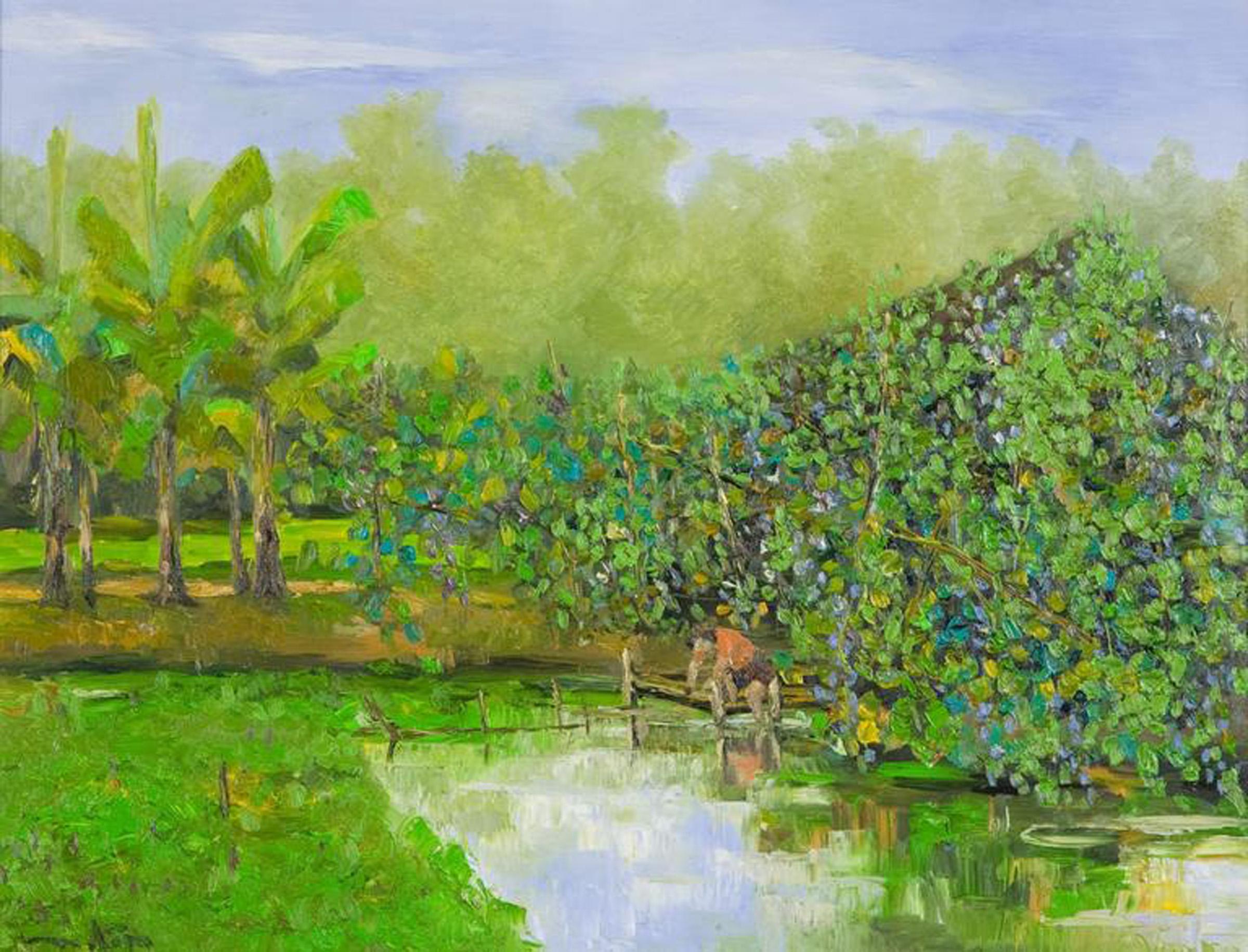 ‘Water Fern Pond’ is a medium size contemporary oil on canvas landscape painting created by Vietnamese artist Ngo Duc Lam in 2009. Featuring an exquisite palette made of green and blue colors accentuated with discreet orange touches, the painting