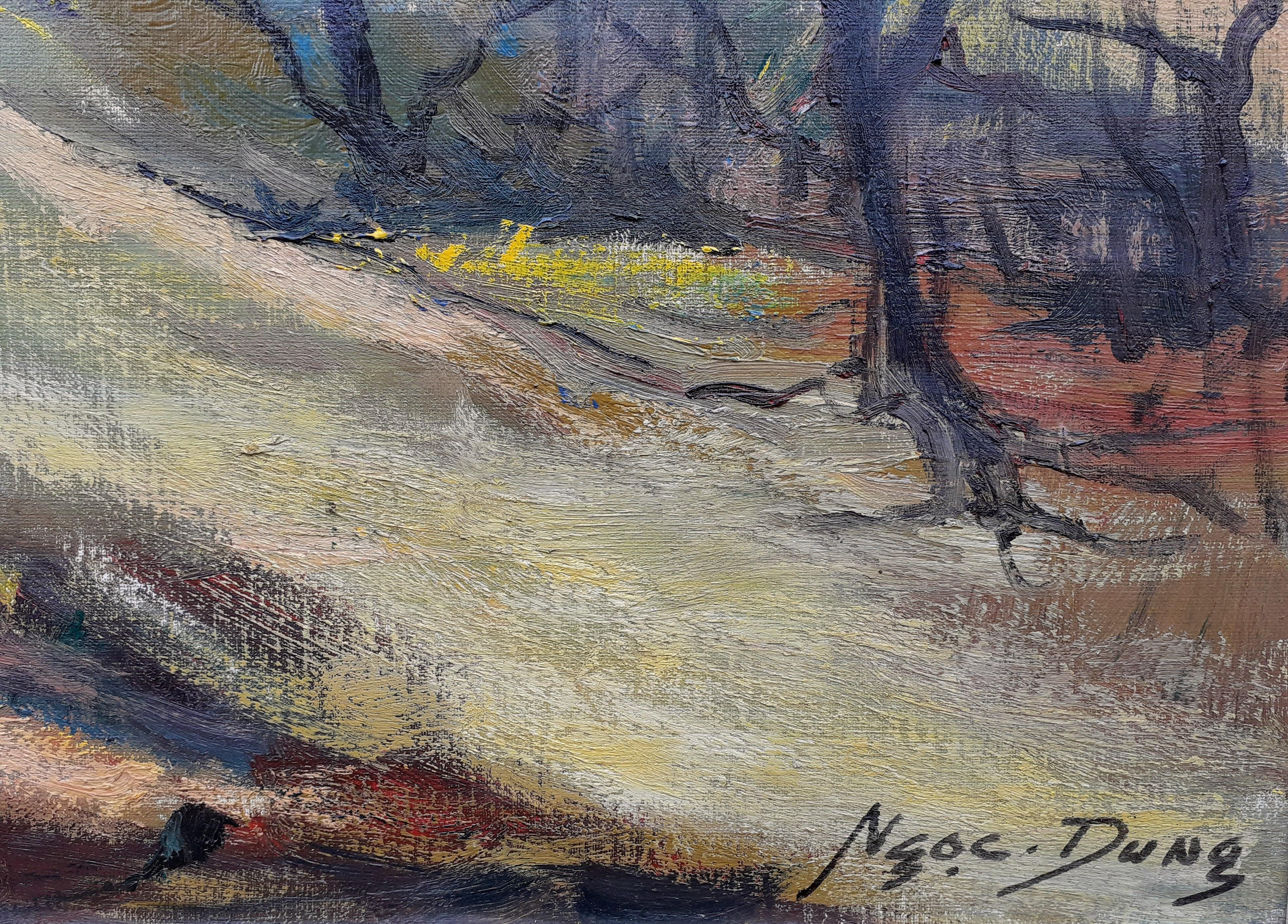 Großes farbenfrohes abstraktes Landschaftsgemälde der modernistischen vietnamesischen amerikanischen Künstlerin (Grau), Abstract Painting, von Ngoc Dung