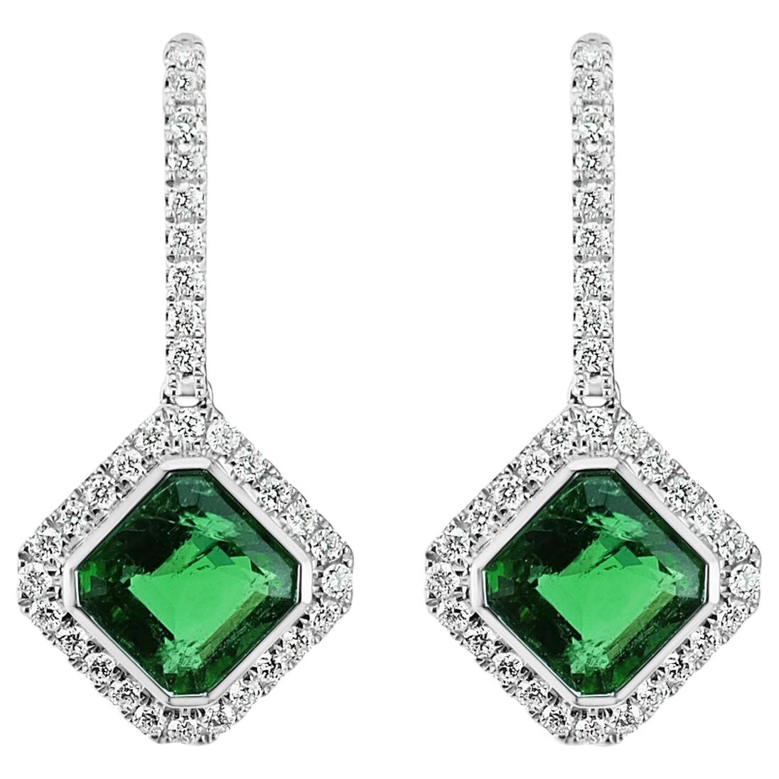 NGTC Certified 3.73 Carat Green Emerald and Diamond Classical Dangle Earring For Sale
