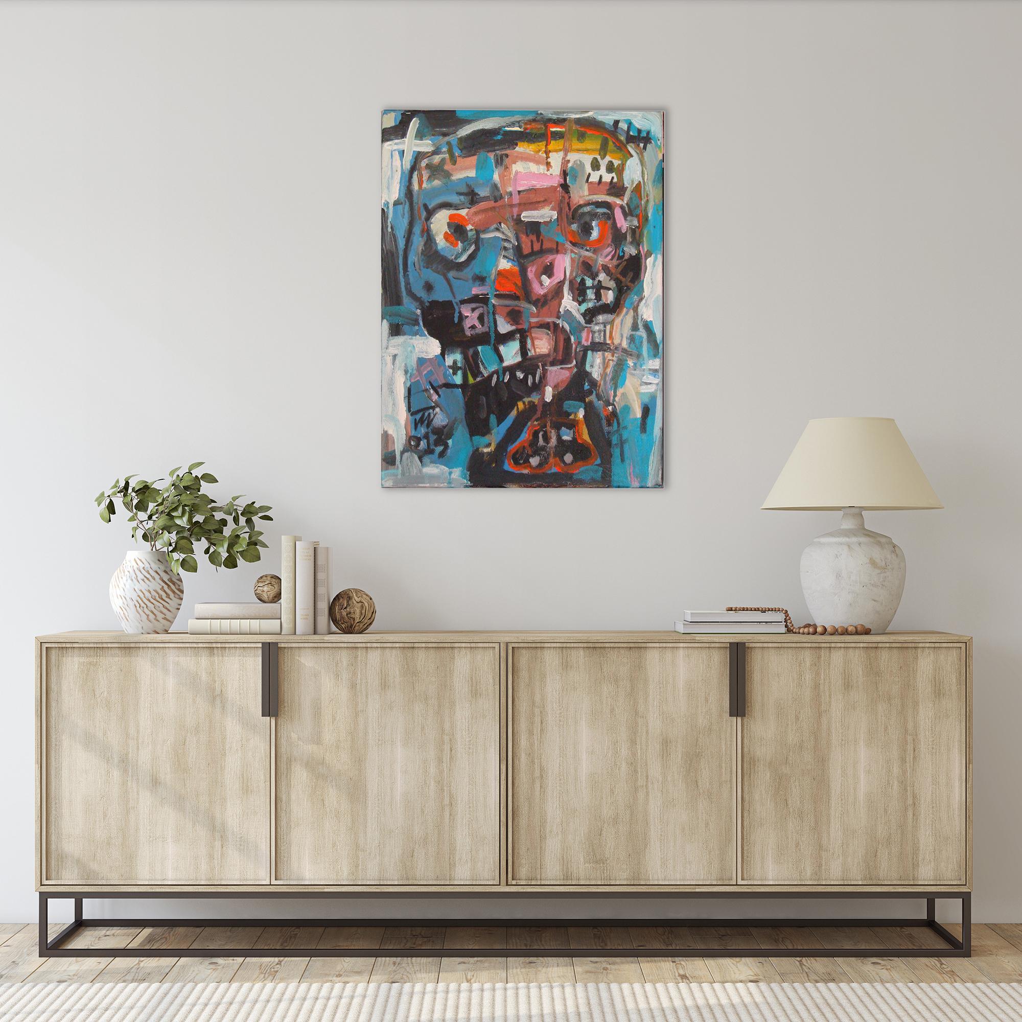 In questo ritratto contemporaneo vengono utilizzati colori audaci come il blu, il rosso e il nero.  Pittura acrilica su tela con dimensioni di 16